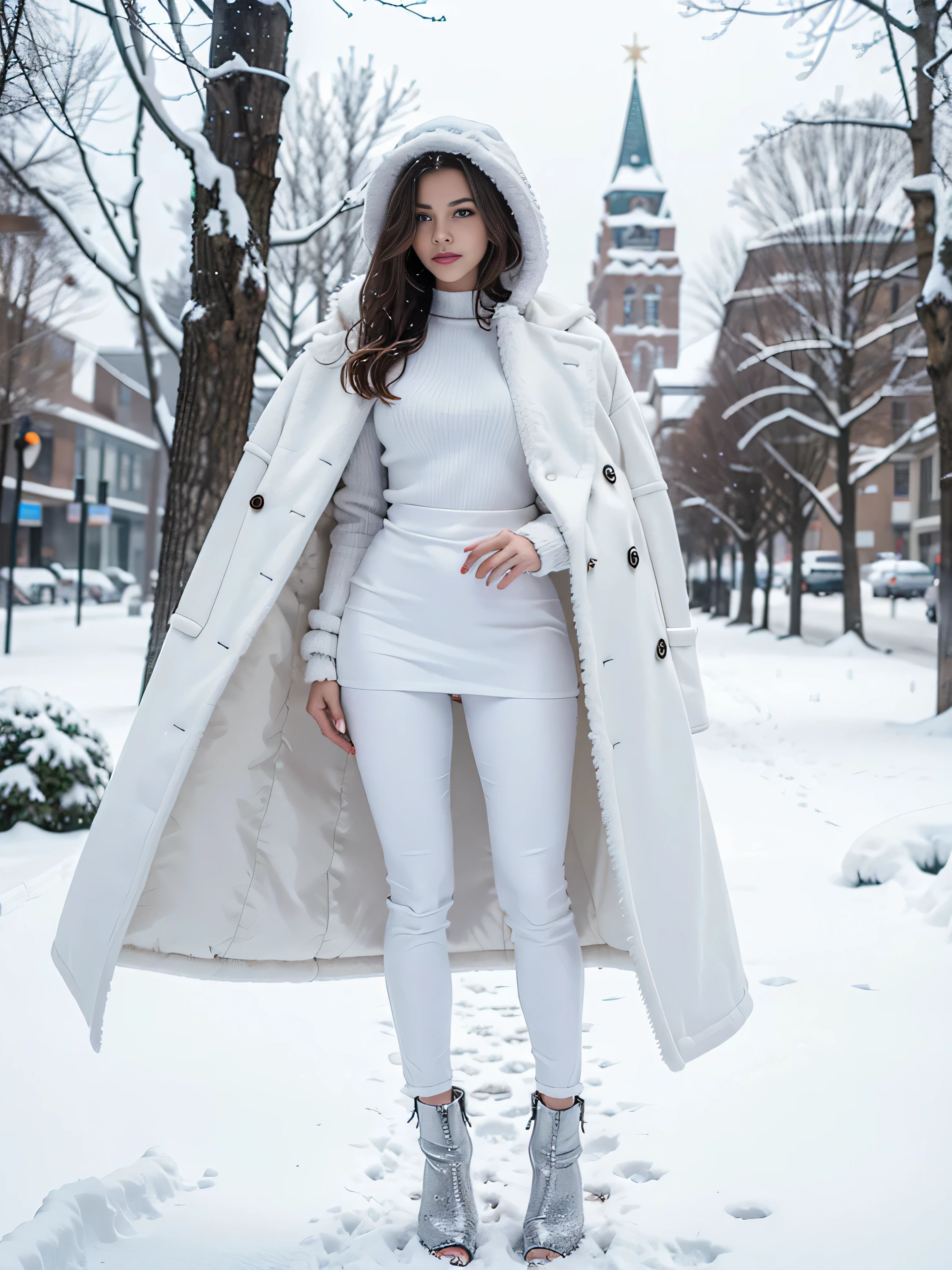 full body beautiful sexy woman in white fur coat snowfall background snowy landscape