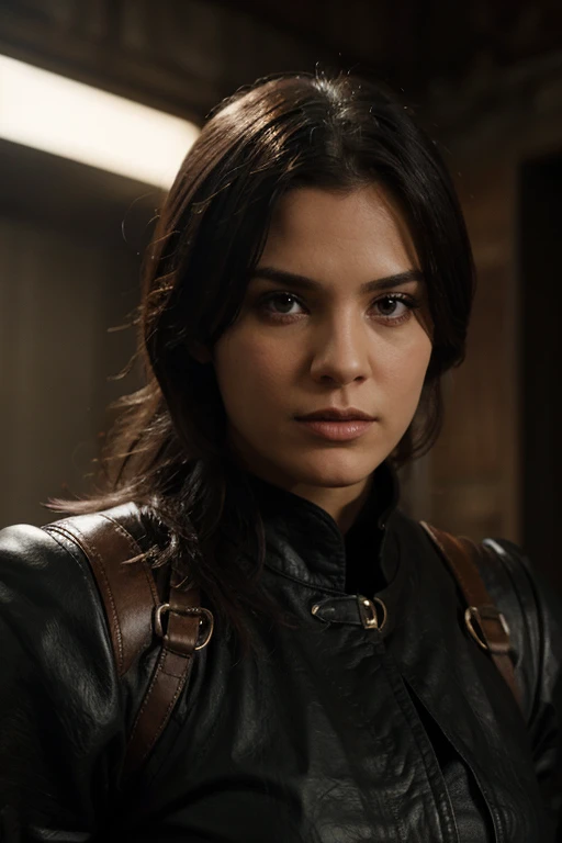 sci-fi, space rogue thief alexandriaocasiocortez woman, (grin:1.1), short dark hair, black hood, light armor, big brown eyes, beautiful detailed eyes, large breasts, drawn by Greg Rutkowski, Yoji Shinkawa:0.6 <lora:AOC:1>