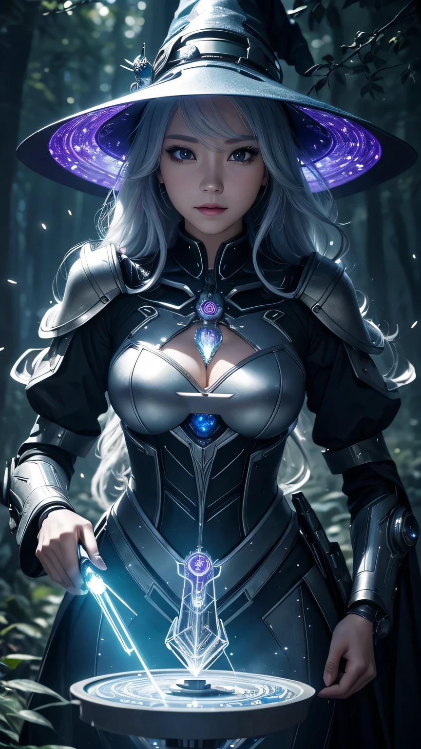 Futuristic robot witch in the enchanted forest、witch hat、cybernetic enhancement、Mechanical edge structure、Create a mysterious and charming atmosphere,sparkling magic wand,Glittering symbols and runes、shimmering particles、sparkling mist、strong color palette,(best quality,4K,8k,masterpiece:1.2),Super detailed,(lifelike,照片lifelike,The photos are real:1.37),human development report,ultra high definition,studio lighting,Super beautiful paintings,clear focus,Physically based rendering,extremely detailed description,main,bright colors,Defocused,