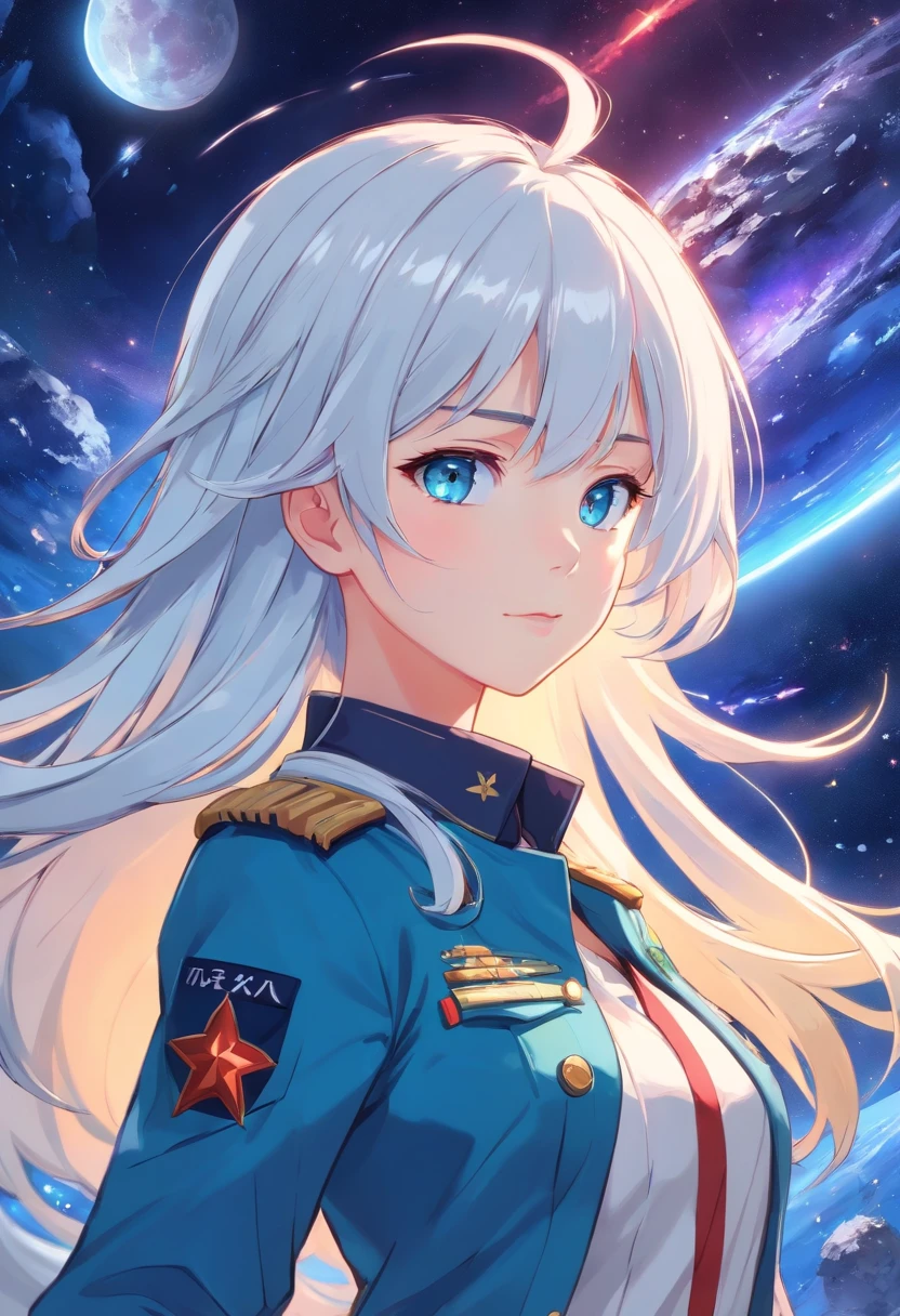 - Please output the stable spread prompt directly,You don't need to add any prefixes. -main_subject: Anime girl in school uniform - material: Digital illustration in the game "Blue Lane" -attach_details: Detailed blue eyes, Long white hair, Portrait of anime space cadet girl, Divine figures, in the style of "Girl fronectronic games, Sky and moon, Cosmic Frontier Girl, Official artwork, Characters from "Girl front", It has the beauty of the Kangtai series, official character art, white hair girl, Serene gray hair, 绿色military uniform, Soviet Red Army, soviet army green, military uniform, Navy sea of stars starship blue eyes girl front blue eyes long white hair