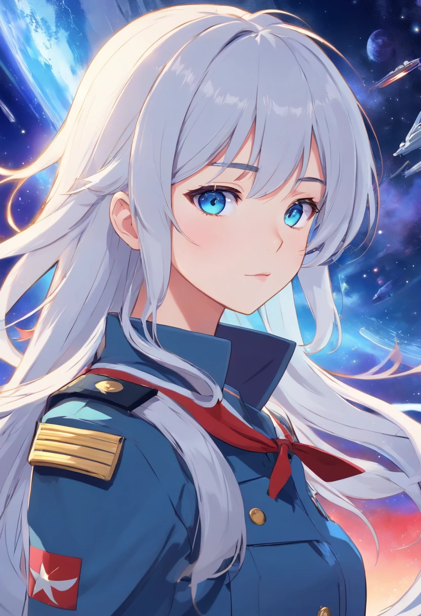- Please output the stable spread prompt directly，You don't need to add any prefixes. -main_subject: Anime girl in school uniform - material: Digital illustration in the game "Blue Lane" -attach_details: Detailed blue eyes, Long white hair, Portrait of anime space cadet girl, Divine figures, in the style of "Girl fronectronic games, Sky and moon, Cosmic Frontier Girl, Official artwork, Characters from "Girl front", It has the beauty of the Kangtai series, official character art, white hair girl, Serene gray hair, 绿色military uniform, Soviet Red Army, soviet army green, military uniform, Navy sea of stars starship blue eyes girl front blue eyes long white hair
