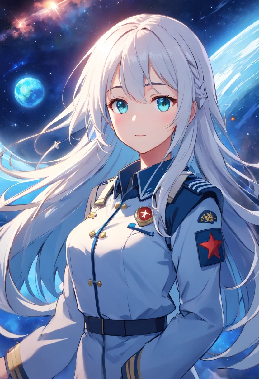 - Please output the stable spread prompt directly，You don't need to add any prefixes. -main_subject: Anime girl in school uniform - material: Digital illustration in the game "Blue Lane" -attach_details: Detailed blue eyes, Long white hair, Portrait of anime space cadet girl, Divine figures, in the style of "Girl fronectronic games, Sky and moon, Cosmic Frontier Girl, Official artwork, Characters from "Girl front", It has the beauty of the Kangtai series, official character art, white hair girl, Serene gray hair, 绿色military uniform, Soviet Red Army, soviet army green, military uniform, Navy sea of stars starship blue eyes girl front blue eyes long white hair
