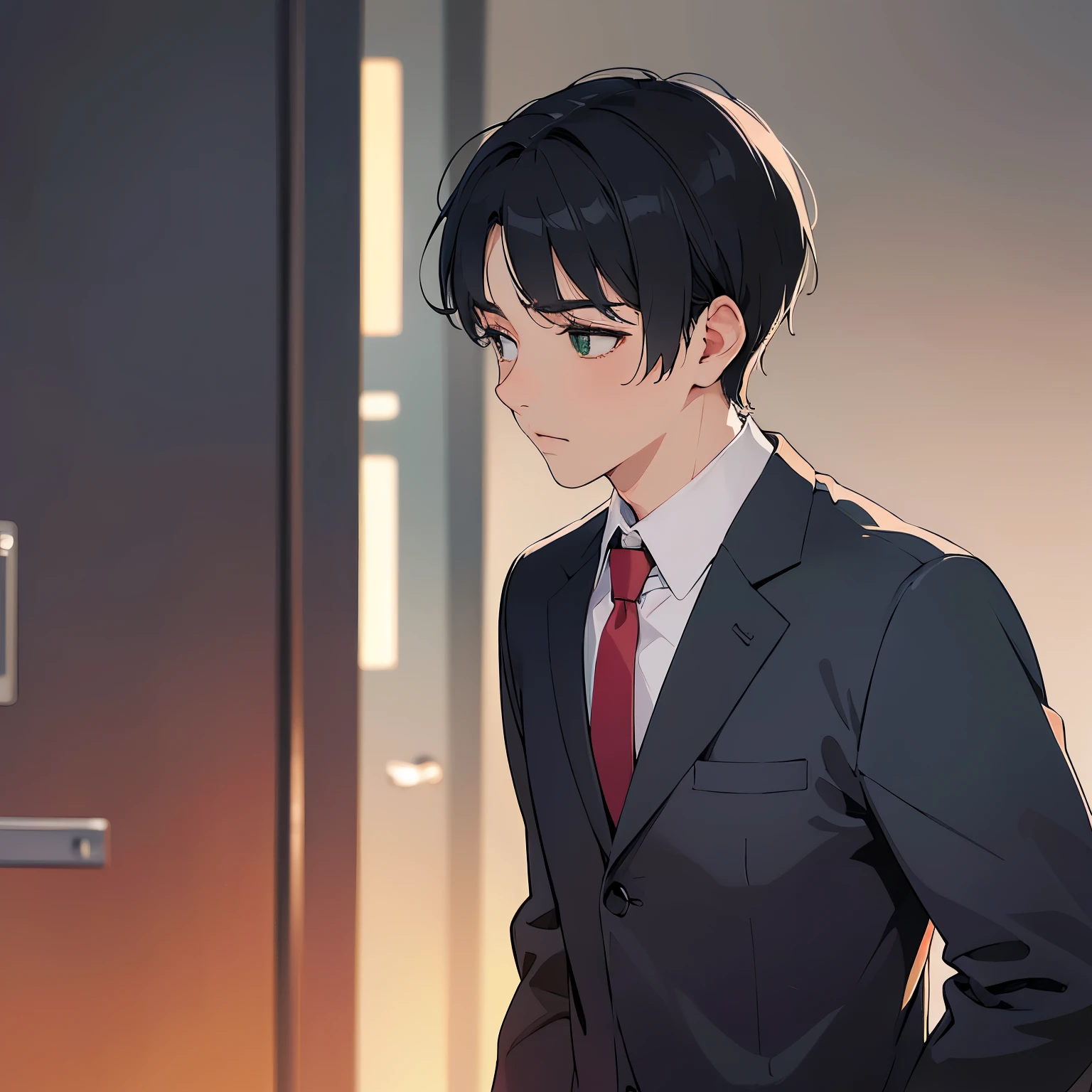 (looking away:1.5), masterpiece、high quality、25-year-old man with short black hair and green eyes、Like a cartoon in Japan、wearing a gray suit、Wearing a red tie、wearing a white shirt、(Alone:1.5)、(Depressed look:1.1)、(close up of your face:1.3)、(Only the upper body is shown.:1.3)、The background is an office、Are standing、bold composition、
