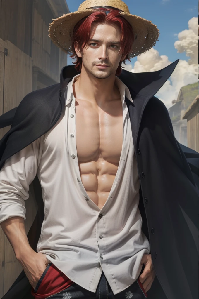 (masterpiece, best quality),  intricate details,
 1boy, man, red hair, straw hat, Shnks, shanks \(one piece\),  scar on face, short hair, shirt,  white shirt, male focus, open clothes, collared shirt, pants, cape, coat, open shirt, facial hair, scar, sandals,  pectorals, partially unbuttoned, pectoral cleavage, coat on shoulders, nature, scenery, upper body, straw hat,