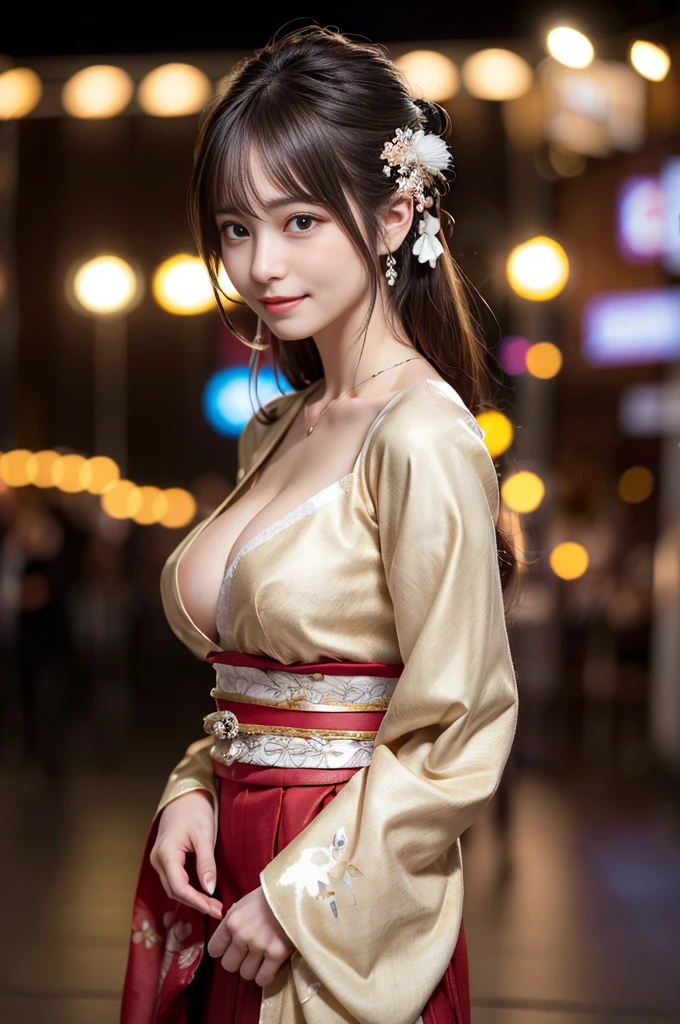 muste piece、best quality、An illustration、Super detailed、fine details、High resolution、8k wallpaper、perfect dynamic composition、beautiful detailed eyes、((Furisode costume:1.4))、((open your mouth:1.2))、open leg、lifting skirts、Flip up your skirt and show your panties、santa panties、medium hair、natural color lip、beautiful lips、necklace、(A glimpse of the cleavage of the chest:1.1)、F cup beautiful breasts、random sexy poses、smile、(The body is facing forward、direction:1.3)、Cabaret Club、20 year old girl、cowboy shot、night、Kneeling Beauty、A beautiful woman who made a mistake and was arrested、be imprisoned in prison、Both arms are tied behind the back、be placed under house arrest、Open your mouth and drool、I'm embarrassed and my cheeks turn red、