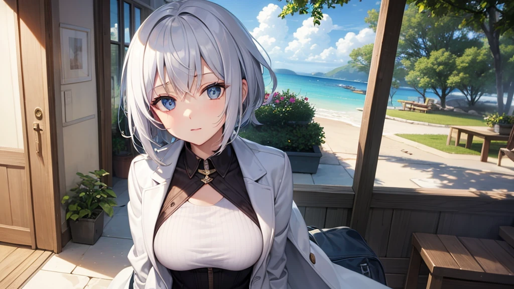 super high quality, girl, 20-year-old, とてもshort hair, long bangs between the eyes, very detailed,(masterpiece、highest quality)、alone、dark gray, silver hair, gray eyes, beautiful eyes,、short hair,blue sky , sunlight,fantastic scenery,smile、I can see your breasts、white coat