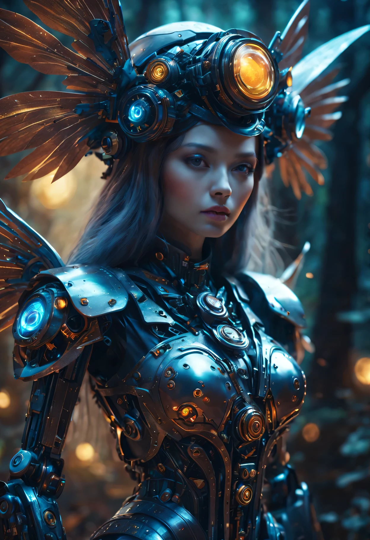 Futuristic robot witch in the enchanted forest、witch hat、cybernetic enhancement、Mechanical edge structure、Create a mysterious and charming atmosphere，Sparkling mechanical wings，Glittering symbols and runes、shimmering particles、sparkling mist、strong color palette，（best quality，4K，8k，masterpiece：1.2），Super detailed，（lifelike，照片lifelike，The photos are real：1.37），human development report，ultra high definition，studio lighting，Super beautiful paintings，clear focus，Physically based rendering，extremely detailed description，main，bright colors，Defocused，