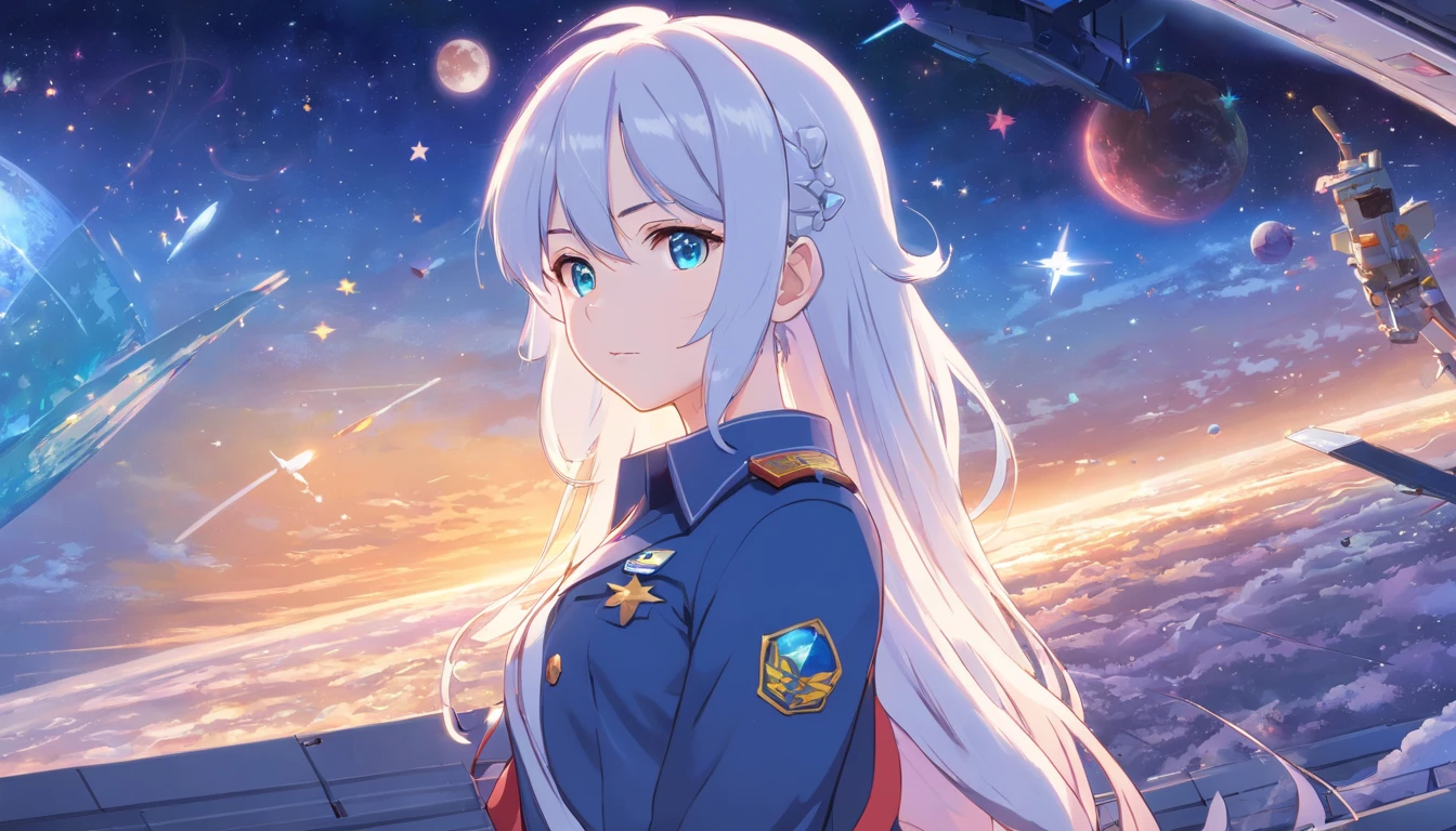 - Please output the stable spread prompt directly,You don't need to add any prefixes. -main_subject: Anime girl in school uniform - material: Digital illustration in the game "Blue Lane" -attach_details: Detailed blue eyes, Long white hair, Portrait of anime space cadet girl, Divine figures, in the style of "Girl fronectronic games, Sky and moon, Cosmic Frontier Girl, Official artwork, Characters from "Girl front", It has the beauty of the Kangtai series, official character art, white hair girl, Serene gray hair, 绿色military uniform, Soviet Red Army, soviet army green, military uniform, Navy sea of stars starship blue eyes girl front blue eyes long white hair