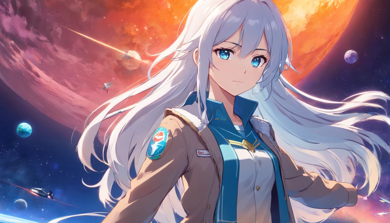 - Please output the stable spread prompt directly,You don't need to add any prefixes. -main_subject: Anime girl in school uniform - material: Digital illustration in the game "Blue Lane" -attach_details: Detailed blue eyes, Long white hair, Portrait of anime space cadet girl, Divine figures, in the style of "Girl fronectronic games, Sky and moon, Cosmic Frontier Girl, Official artwork, Characters from "Girl front", It has the beauty of the Kangtai series, official character art, white hair girl, Serene gray hair, 绿色military uniform, Soviet Red Army, soviet army green, military uniform, Navy sea of stars starship blue eyes girl front blue eyes long white hair