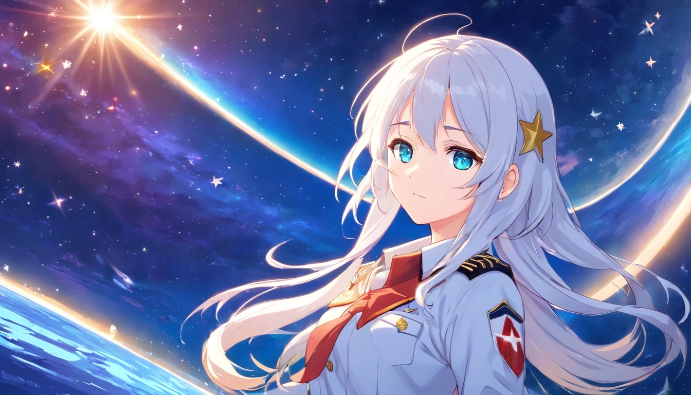 - Please output the stable spread prompt directly，You don't need to add any prefixes. -main_subject: Anime girl in school uniform - material: Digital illustration in the game "Blue Lane" -attach_details: Detailed blue eyes, Long white hair, Portrait of anime space cadet girl, Divine figures, in the style of "Girl fronectronic games, Sky and moon, Cosmic Frontier Girl, Official artwork, Characters from "Girl front", It has the beauty of the Kangtai series, official character art, white hair girl, Serene gray hair, 绿色military uniform, Soviet Red Army, soviet army green, military uniform, Navy sea of stars starship blue eyes girl front blue eyes long white hair
