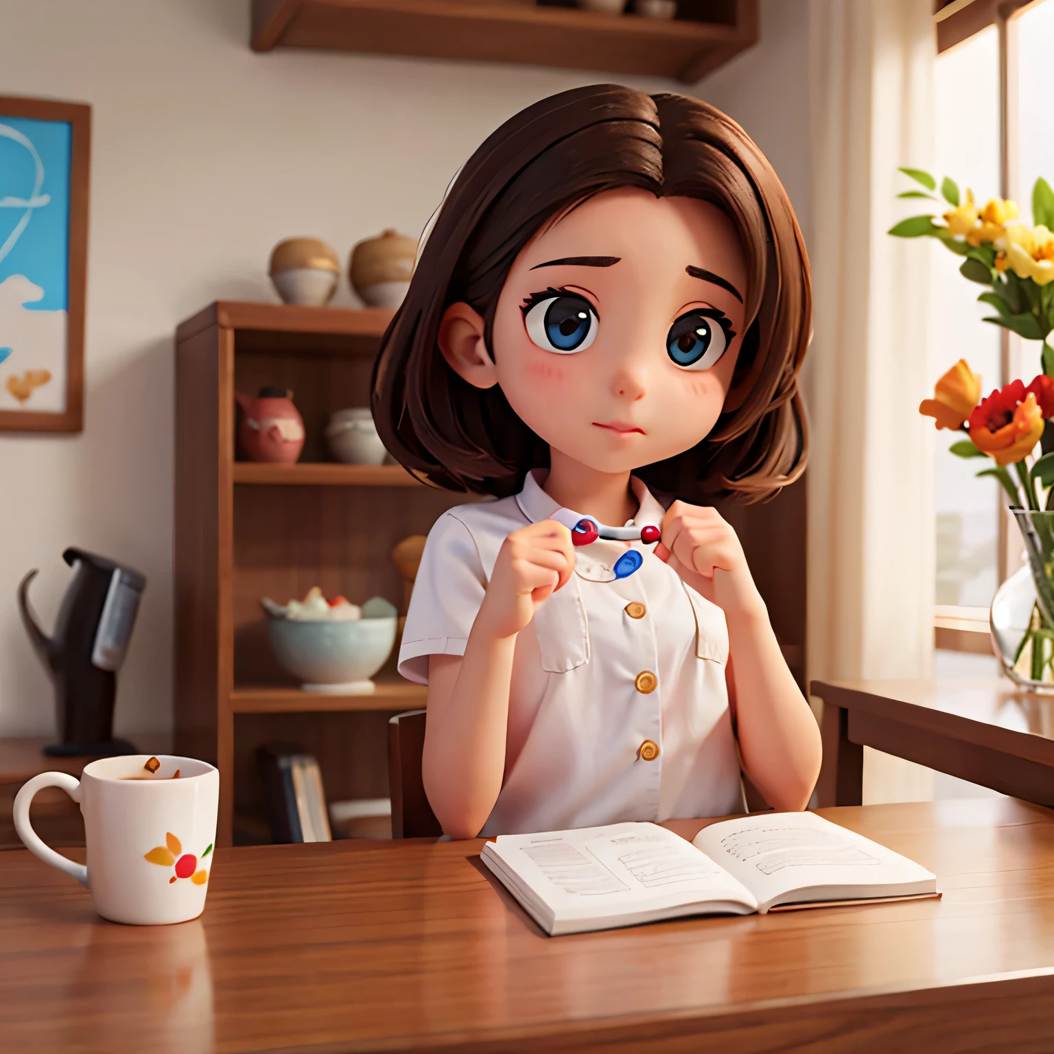 a beautiful child with questions around him, on one side sweets or on the other side healthy foods, formato de desenhos animados .((melhor qualidade)), ((obra de arte)), (detalhado), rosto perfeito, bem realista