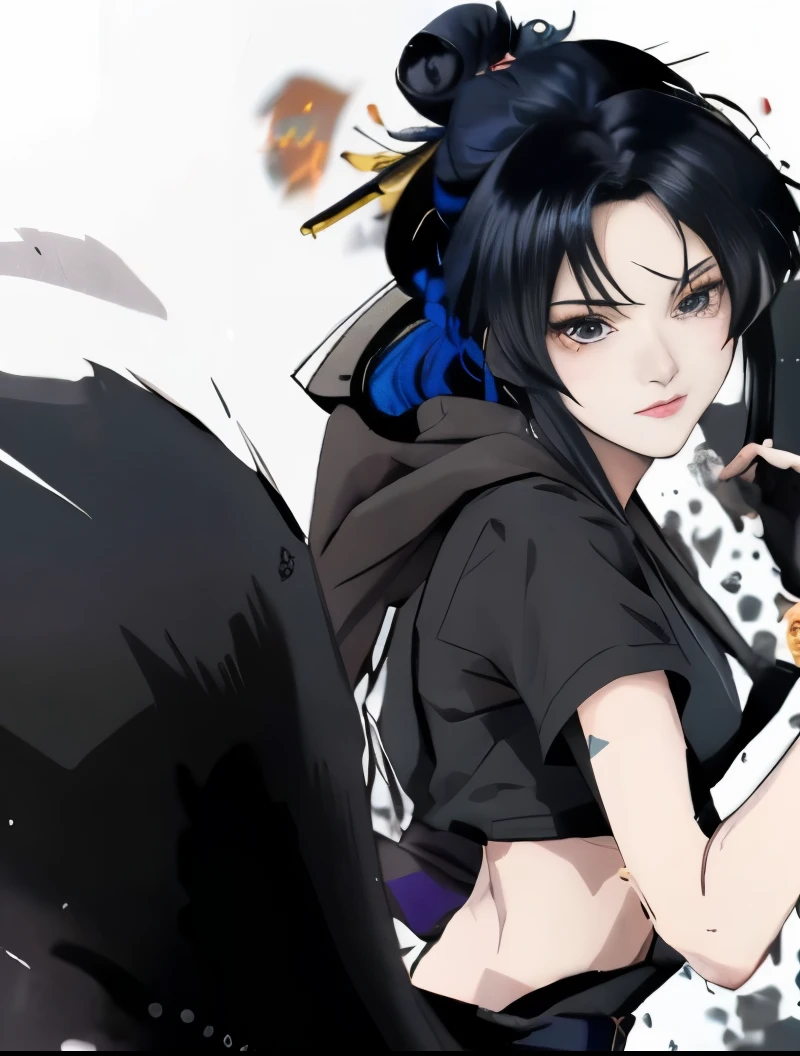anime girl with blue hair and black gloves holding a gun, inspired by Kusumi Morikage, :14 80s anime style, trigger anime artstyle, badass pose, anime style”, epic anime style, inspired by Rei Kamoi, inspired by Okumura Masanobu, made with anime painter studio, gantz, Lan Fang,long black hair,Fullmetal Alchemist,female killer,black hanfu,female ninja,Black clotheaid,黑色长发female killer,female retainer,黑发female ninja,long black hair女生,female warrior,woman samurai,female ninja,Beautiful girl,Girls with bun hair,Girls with bun hair,Girls with bun hair