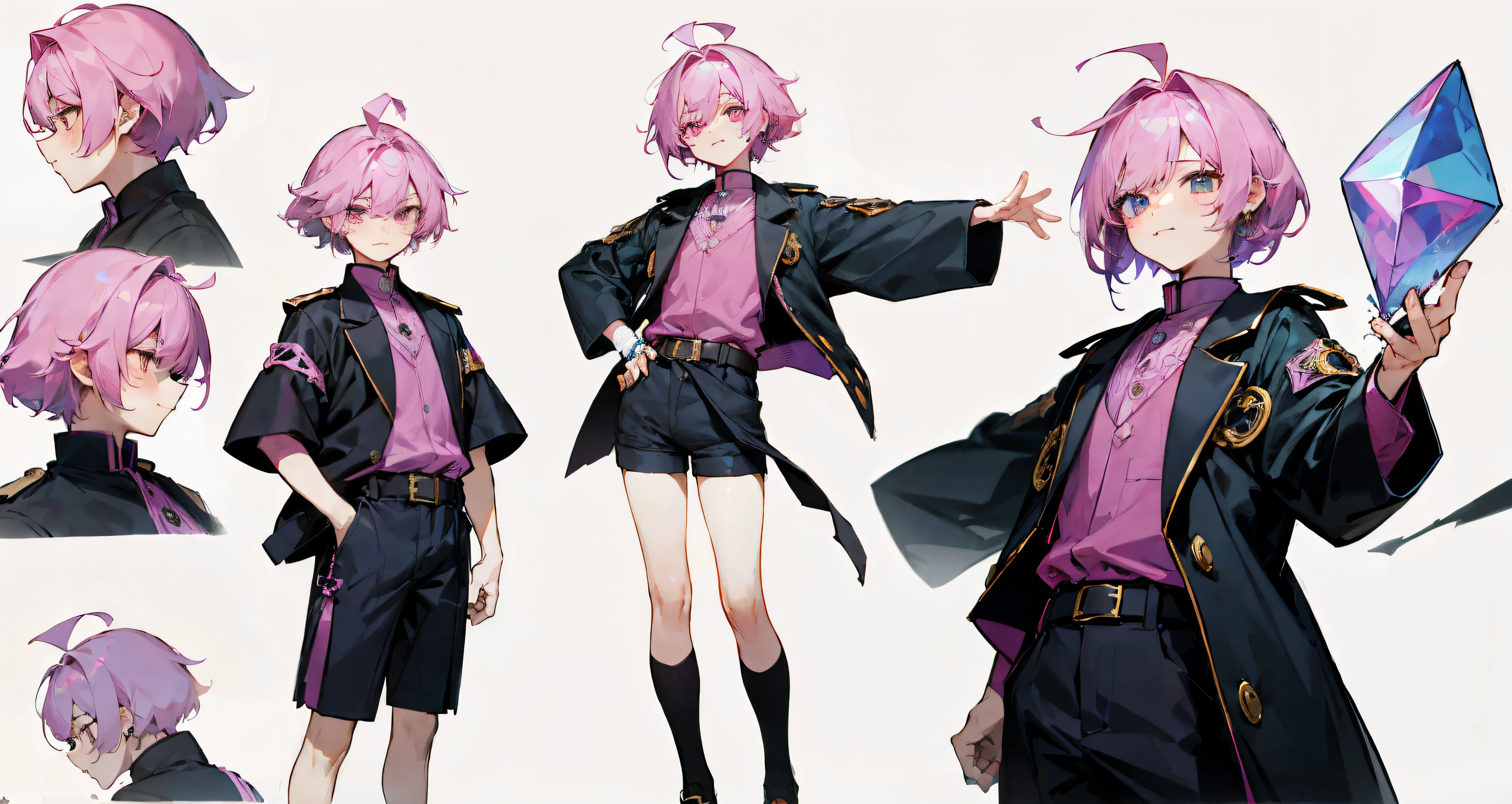 redraw graffiti,((masterpiece)),((((best quality))),(character design sheet,same characters,street frontage,side,back),Cute boys reference list,white hair short hair,red eyes,Smile,Detailed hairstyle,White background:1.3)kpop young boy,Dark pink hair with a faded cut,Wearing a white earring on the right ear, Open jacket with dark blue shirt, cute smile, Black ripped shorts and big belt buckle, Paint background, star, Having a messy pink emo hairstyle. He generally has a normal Putt Putt Troll appearance, (Pink and dark crystal broken glass mirror background)