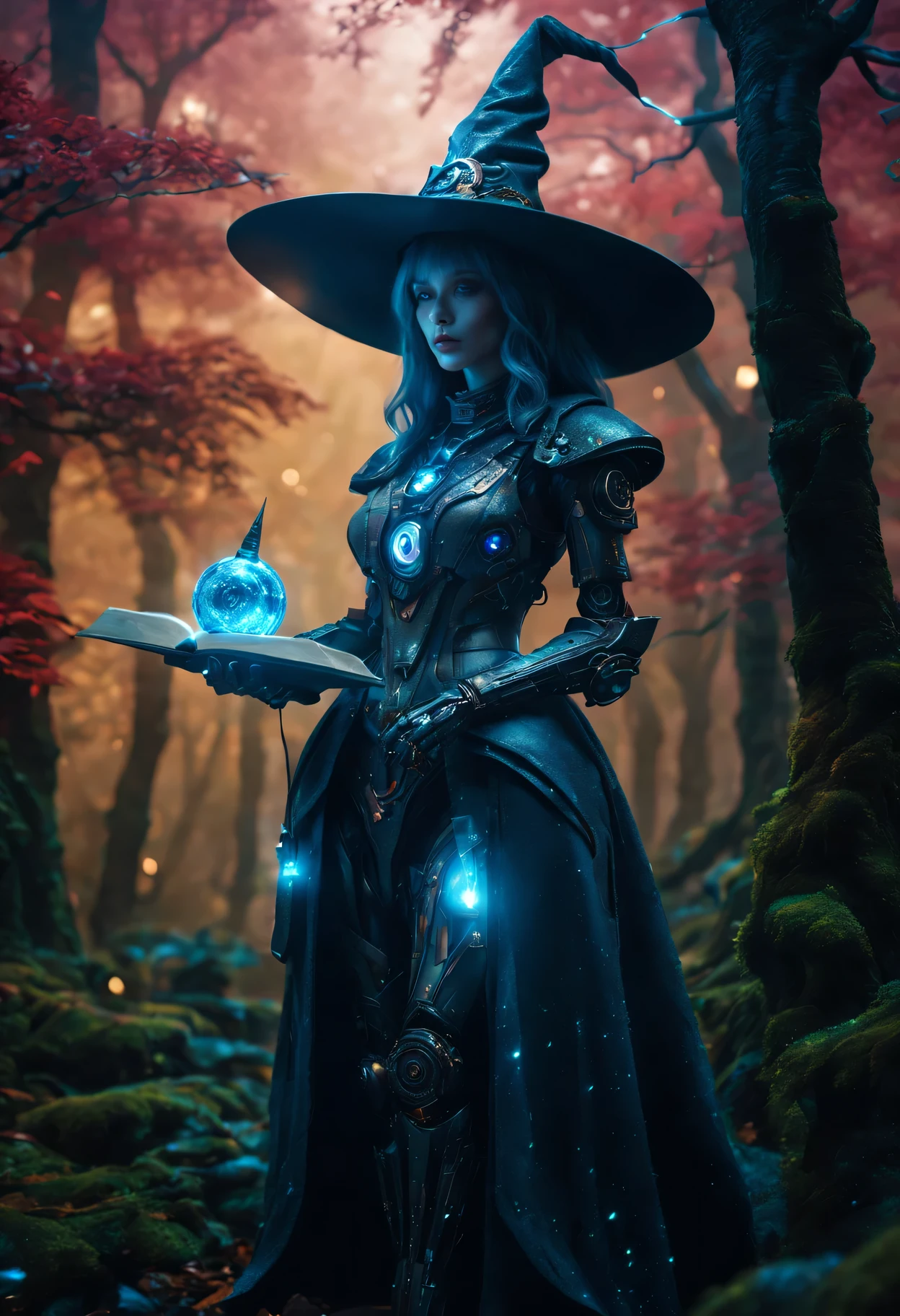Futuristic robot witch in the enchanted forest、witch hat、cybernetic enhancement、Mechanical edge structure、Create a mysterious and charming atmosphere,sparkling magic book,Glittering symbols and runes、shimmering particles、sparkling mist、strong color palette,(best quality,4K,8k,masterpiece:1.2),Super detailed,(lifelike,照片lifelike,The photos are real:1.37),human development report,ultra high definition,studio lighting,Super beautiful paintings,clear focus,Physically based rendering,extremely detailed description,main,bright colors,Defocused,