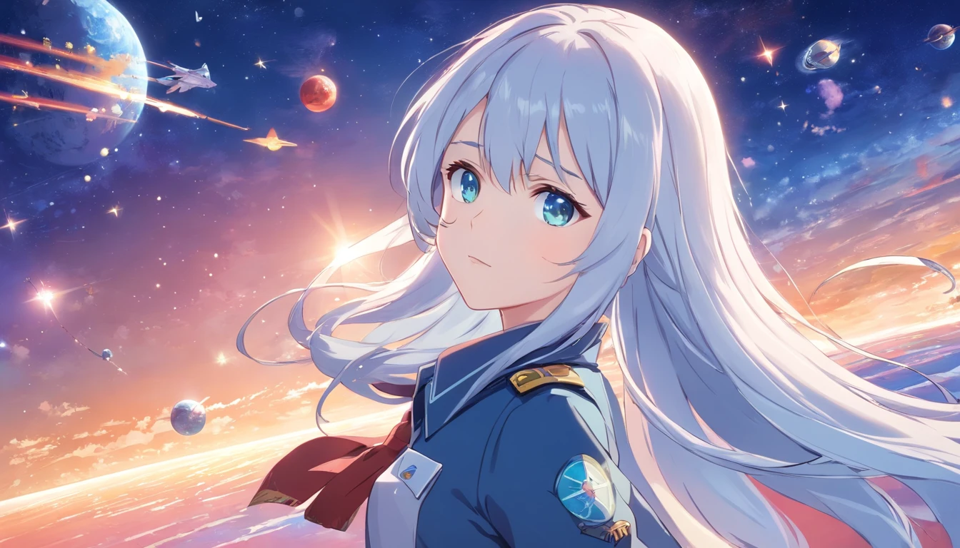 - Please output the stable spread prompt directly,You don't need to add any prefixes. -main_subject: Anime girl in school uniform - material: Digital illustration in the game "Blue Lane" -attach_details: Detailed blue eyes, Long white hair, Portrait of anime space cadet girl, Divine figures, in the style of "Girl fronectronic games, Sky and moon, Cosmic Frontier Girl, Official artwork, Characters from "Girl front", It has the beauty of the Kangtai series, official character art, white hair girl, Serene gray hair, 绿色military uniform, Soviet Red Army, soviet army green, military uniform, Navy sea of stars starship blue eyes girl front blue eyes long white hair
