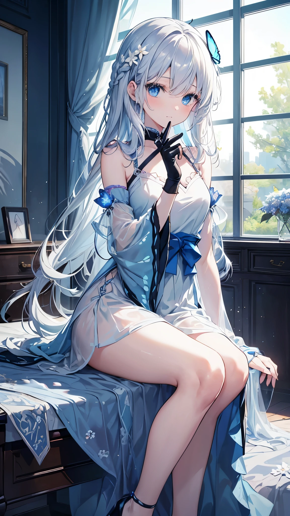 (俯瞰figure),dynamic angle,ultra detail, figure, close, straight, one girl, (fantasy:1.4), (deep blue eyes:1.233),Her Eyes Glowed Like dream-like Stars,(shining eyes:1.233),(beautiful and delicate eyes:1.1),(silver hair:1.14),(messy hair,very long hair,Braid,between the eyes,Side Lockull Hair flower: 1.14)),(Chiffon dress,制服に青いflower柄)/=(uniform: 1.24),(No sleeve,wide sleeve),(fingerless gloves),choker,(Miko Niso),high heels no pressure,closed your mouth),(sting ring),(Classic princess boudoir with dressing table and french windows in white ancient palace),(White flower,flower),(deep sea),(water flowing),(a dull blue world tree:1.14), (Remains),(night:1.2 ),dream-like,soul,(fluorescence),(translucent blue butterfly:1.15),[[delicate fingers and hands:0.55]::0.85],(thin fingers),(yubao:0.5),