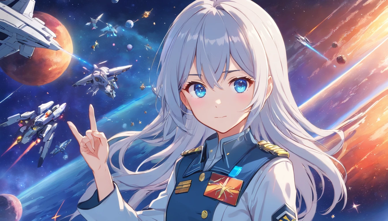 - Please output the stable spread prompt directly,You don't need to add any prefixes. -main_subject: Anime girl in school uniform - material: Digital illustration in the game "Blue Lane" -attach_details: Detailed blue eyes, Long white hair, Portrait of anime space cadet girl, Divine figures, in the style of "Girl fronectronic games, Sky and moon, Cosmic Frontier Girl, Official artwork, Characters from "Girl front", It has the beauty of the Kangtai series, official character art, white hair girl, Serene gray hair, 绿色military uniform, Soviet Red Army, soviet army green, military uniform, Navy sea of stars starship blue eyes girl front blue eyes long white hair