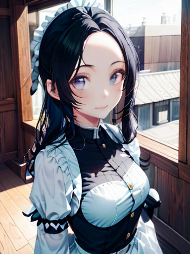 maid, 1girl, Slim Body, long hair, black hair, Twinkling Eyes, Thin Eyebrows, Full Mouth, Embroidered Clothing, soft light, snapshot, monochromatic, 16k, Lifelike, Smirking, Looking at the viewer, overhead shot, masterpiece, best quality, extremely detailed, ultra high res,8k,