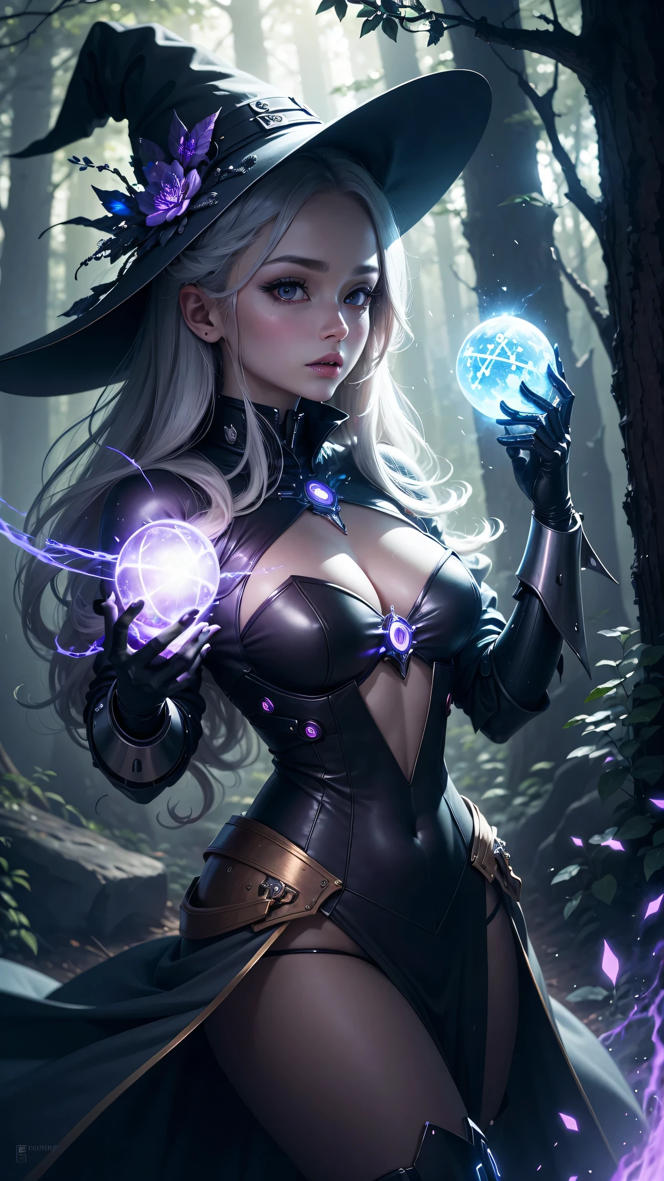 Futuristic robot witch in the enchanted forest、witch hat、cybernetic enhancement、Mechanical edge structure、Create a mysterious and charming atmosphere,Glittering symbols and runes、shimmering particles、sparkling mist、strong color palette(best quality,4K,masterpiece:1.2)、Vivid and saturated colors、Soft ambient lighting