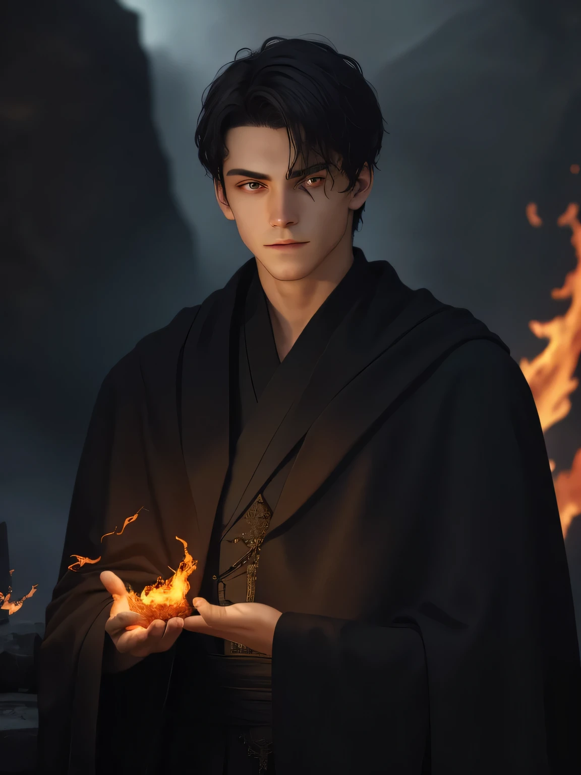 young man with dark hair, (16-18 years old), fire mage, (glare of fire on the face),dark stone wall in the background, a man holds flames in his hands folded in front of his face, ((high detail)), ((masterpiece)), ((top quality)), portrait, facing the viewer, ((realistic light)), reflections of the flame, holding fire in his hands, portrait по плечи, the clothes are a black robe, complex drapery of fabric, looks directly at the viewer
