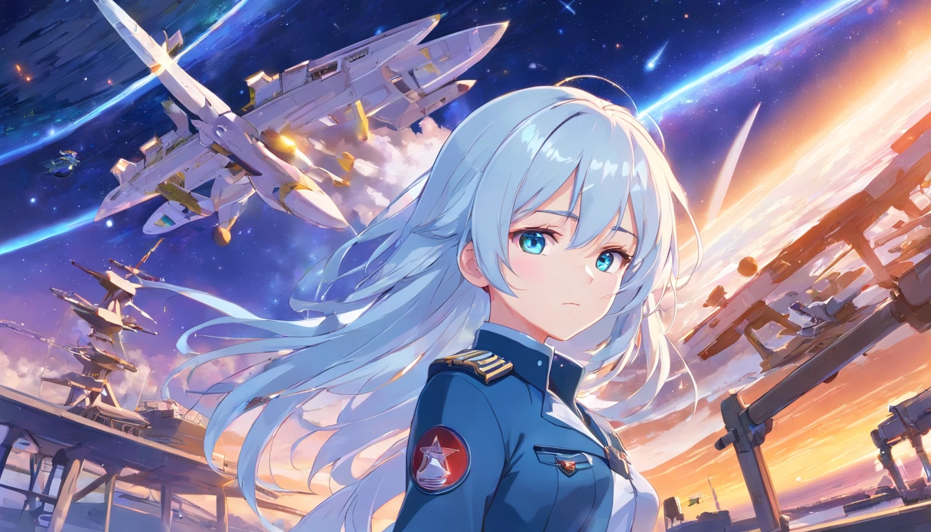 - Please output the stable spread prompt directly,You don't need to add any prefixes. -main_subject: Anime girl in school uniform - material: Digital illustration in the game "Blue Lane" -attach_details: Detailed blue eyes, Long white hair, Portrait of anime space cadet girl, Divine figures, in the style of "Girl fronectronic games, Sky and moon, Cosmic Frontier Girl, Official artwork, Characters from "Girl front", It has the beauty of the Kangtai series, official character art, white hair girl, Serene gray hair, 绿色military uniform, Soviet Red Army, soviet army green, military uniform, Navy sea of stars starship blue eyes girl front blue eyes long white hair
