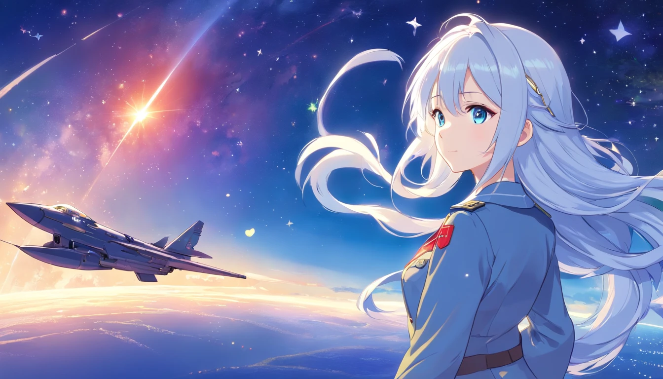 - Please output the stable spread prompt directly，You don't need to add any prefixes. -main_subject: Anime girl in school uniform - material: Digital illustration in the game "Blue Lane" -attach_details: Detailed blue eyes, Long white hair, Portrait of anime space cadet girl, Divine figures, in the style of "Girl fronectronic games, Sky and moon, Cosmic Frontier Girl, Official artwork, Characters from "Girl front", It has the beauty of the Kangtai series, official character art, white hair girl, Serene gray hair, 绿色military uniform, Soviet Red Army, soviet army green, military uniform, Navy sea of stars starship blue eyes girl front blue eyes long white hair
