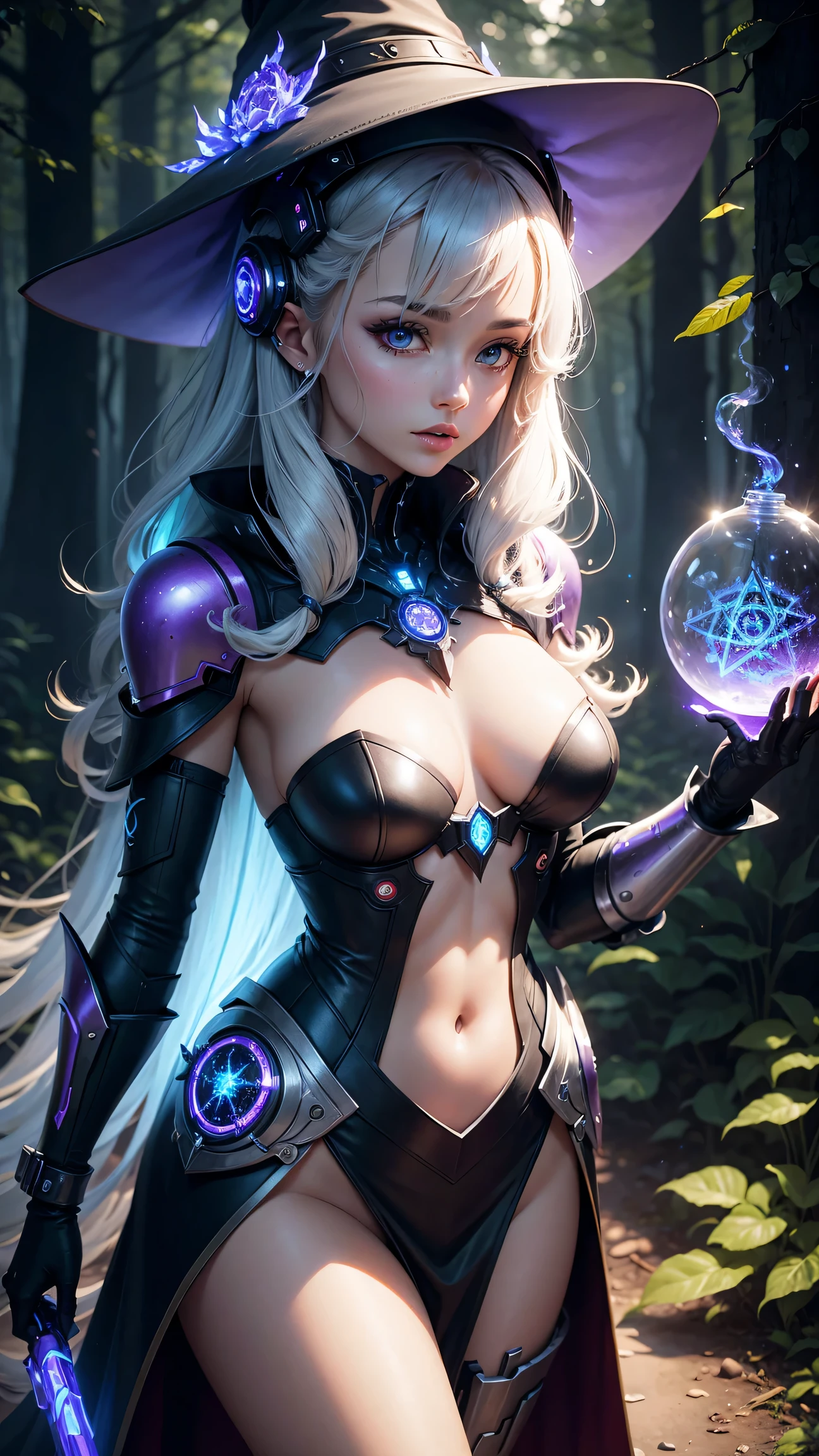 Futuristic robot witch in the enchanted forest、witch hat、cybernetic enhancement、Mechanical edge structure、Create a mysterious and charming atmosphere,Glittering symbols and runes、shimmering particles、sparkling mist、strong color palette(best quality,4K,masterpiece:1.2)、Vivid and saturated colors、Soft ambient lighting
