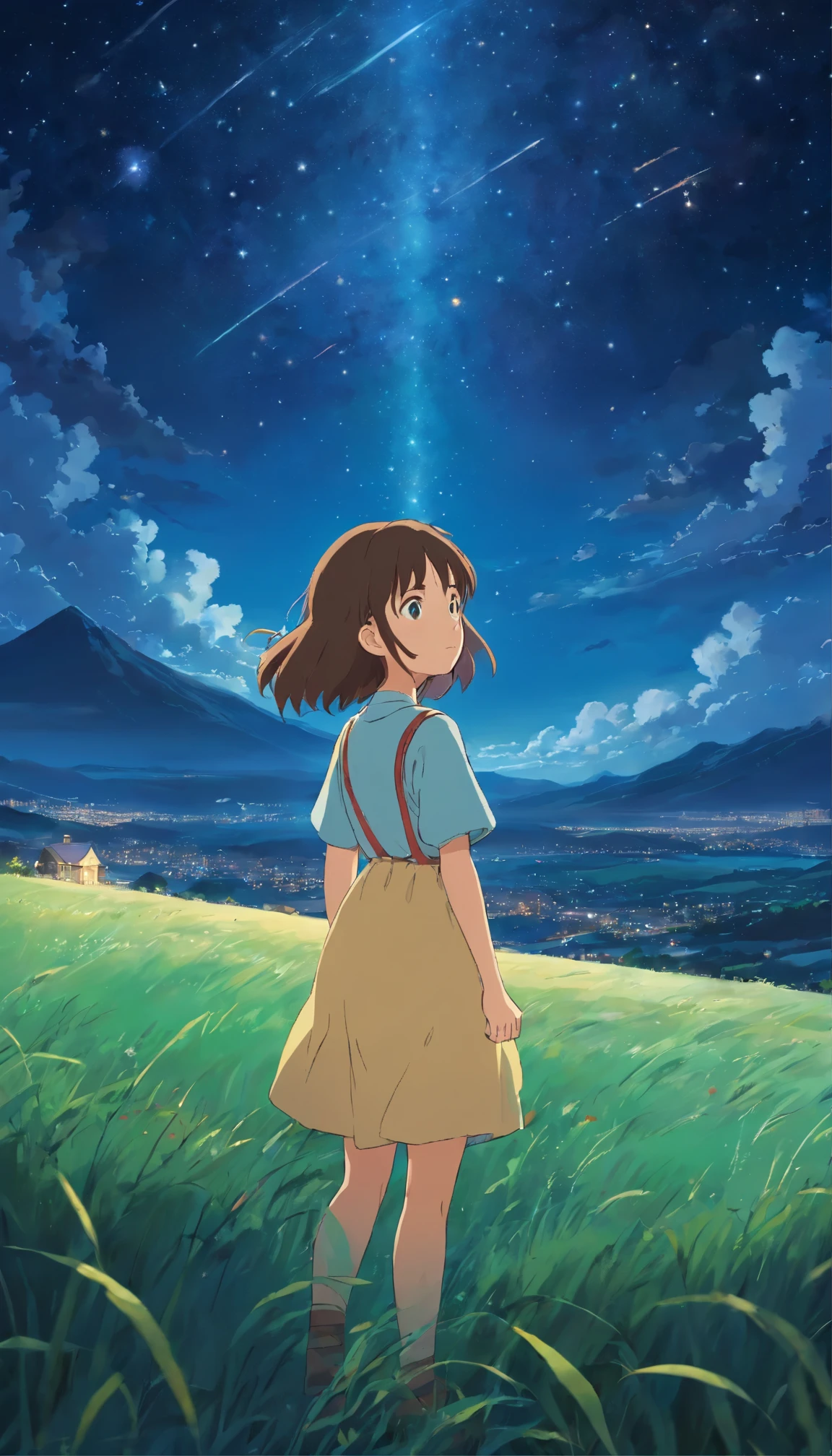 grassland、starry sky、suffocating、City lights in the distance、girl