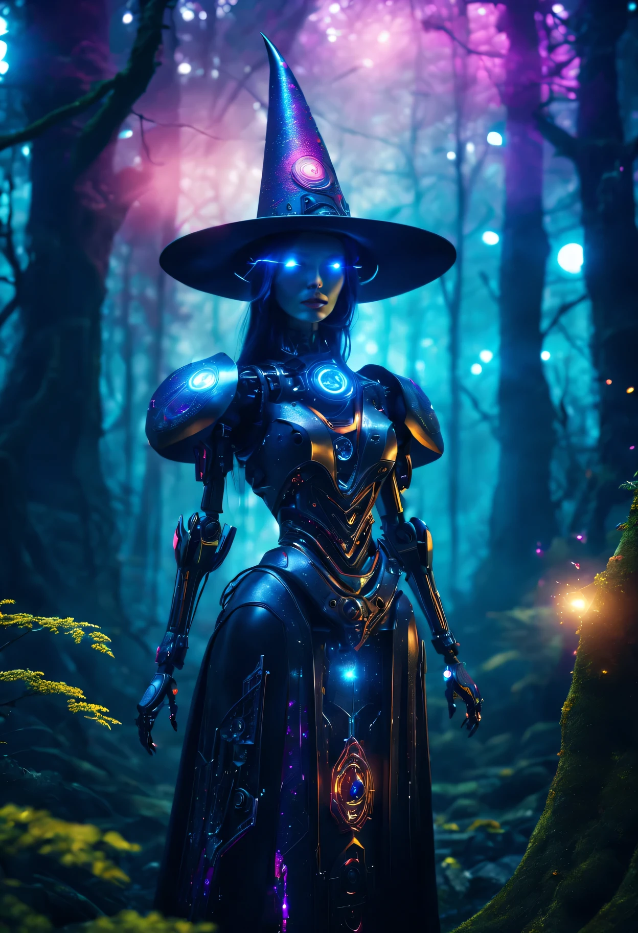 Futuristic robot witch in the enchanted forest、witch hat、cybernetic enhancement、Mechanical edge structure、Create a mysterious and charming atmosphere,Glittering symbols and runes、shimmering particles、sparkling mist、strong color palette(best quality,4K,masterpiece:1.2)、Vivid and saturated colors、Soft ambient lighting