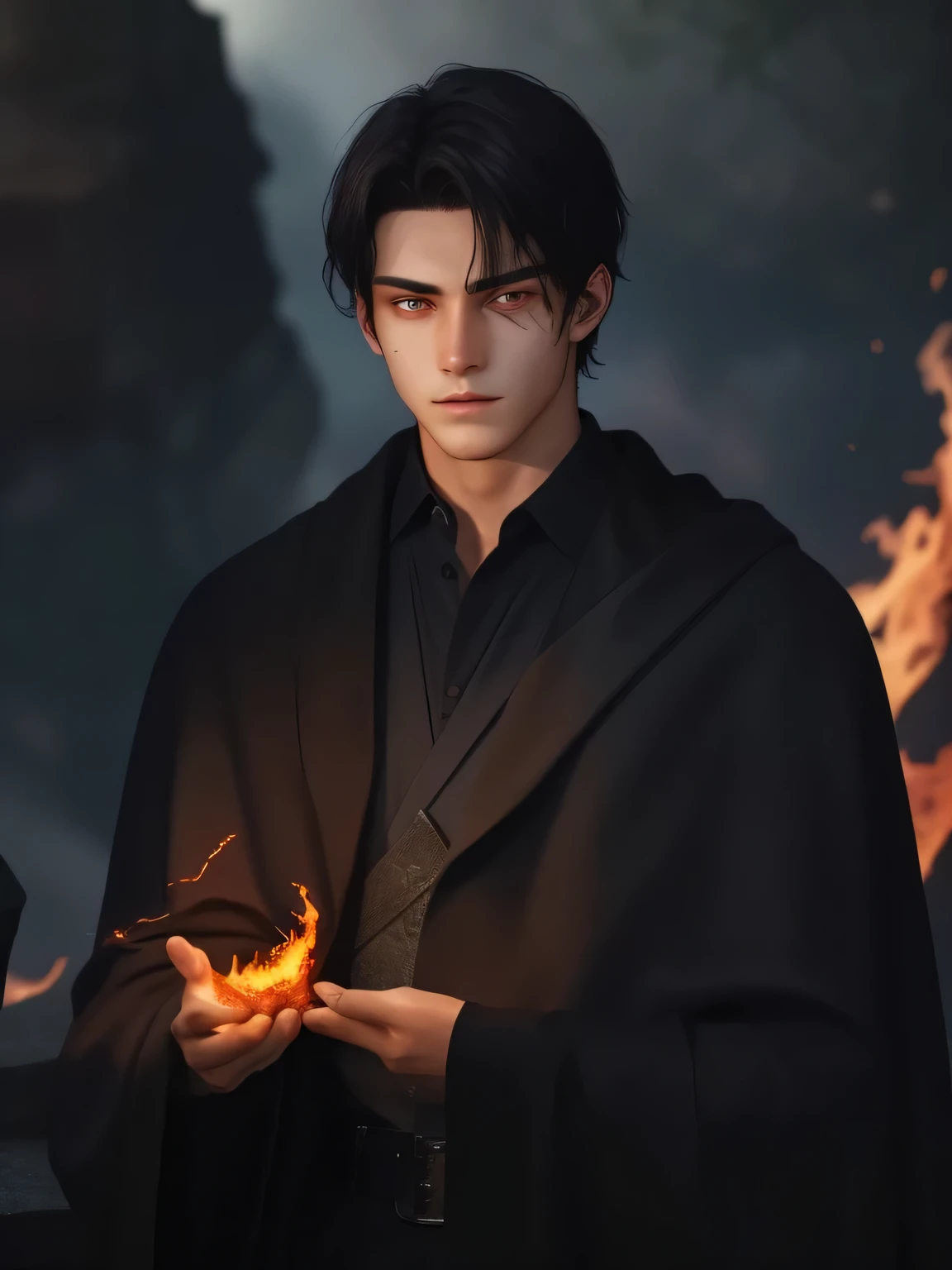 young man with dark hair, (16-18 years old), fire mage, (glare of fire on the face), there is more fire in his hands