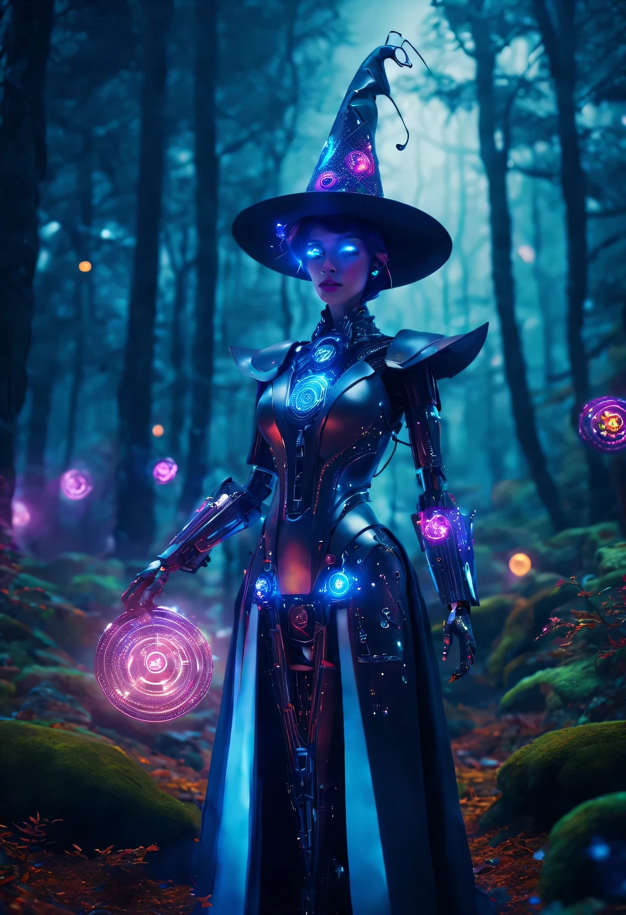 Futuristic robot witch in the enchanted forest、witch hat、cybernetic enhancement、Mechanical edge structure、Create a mysterious and charming atmosphere,Glittering symbols and runes、shimmering particles、sparkling mist、strong color palette(best quality,4K,masterpiece:1.2)、Vivid and saturated colors、Soft ambient lighting