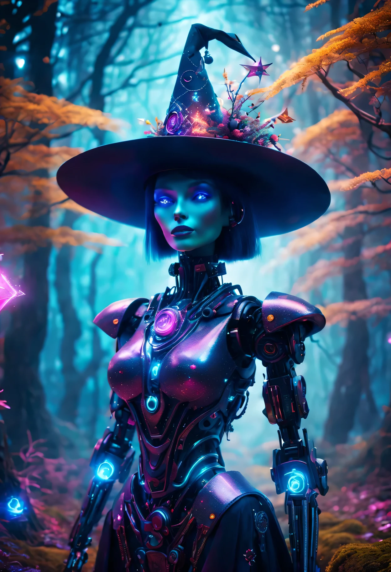 Futuristic robot witch in the enchanted forest、witch hat、cybernetic enhancement、Mechanical edge structure、Create a mysterious and charming atmosphere,Glittering symbols and runes、shimmering particles、sparkling mist、strong color palette(best quality,4K,masterpiece:1.2)、Vivid and saturated colors、Soft ambient lighting
