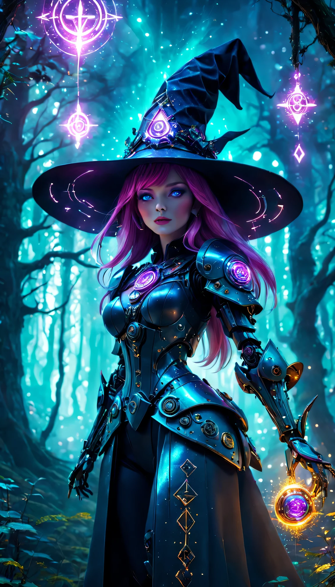 Futuristic robot witch in the enchanted forest、witch hat、cybernetic enhancement、Mechanical edge structure、Create a mysterious and charming atmosphere，Glittering symbols and runes、shimmering particles、sparkling mist、strong color palette（best quality，4K，masterpiece：1.2）、Vivid and saturated colors、Soft ambient lighting