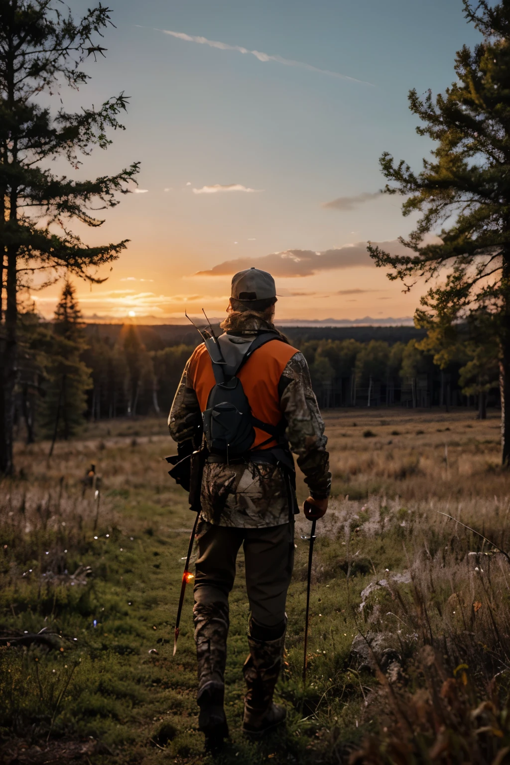 A lone hunter with a bow and arrow, roaming the forest in search of animals. Year 2024, wearing Canadian-style hunting clothes and a cap. View of the man's back. Modern digital illustration. Minimalist stylized cover art. orange sunset.