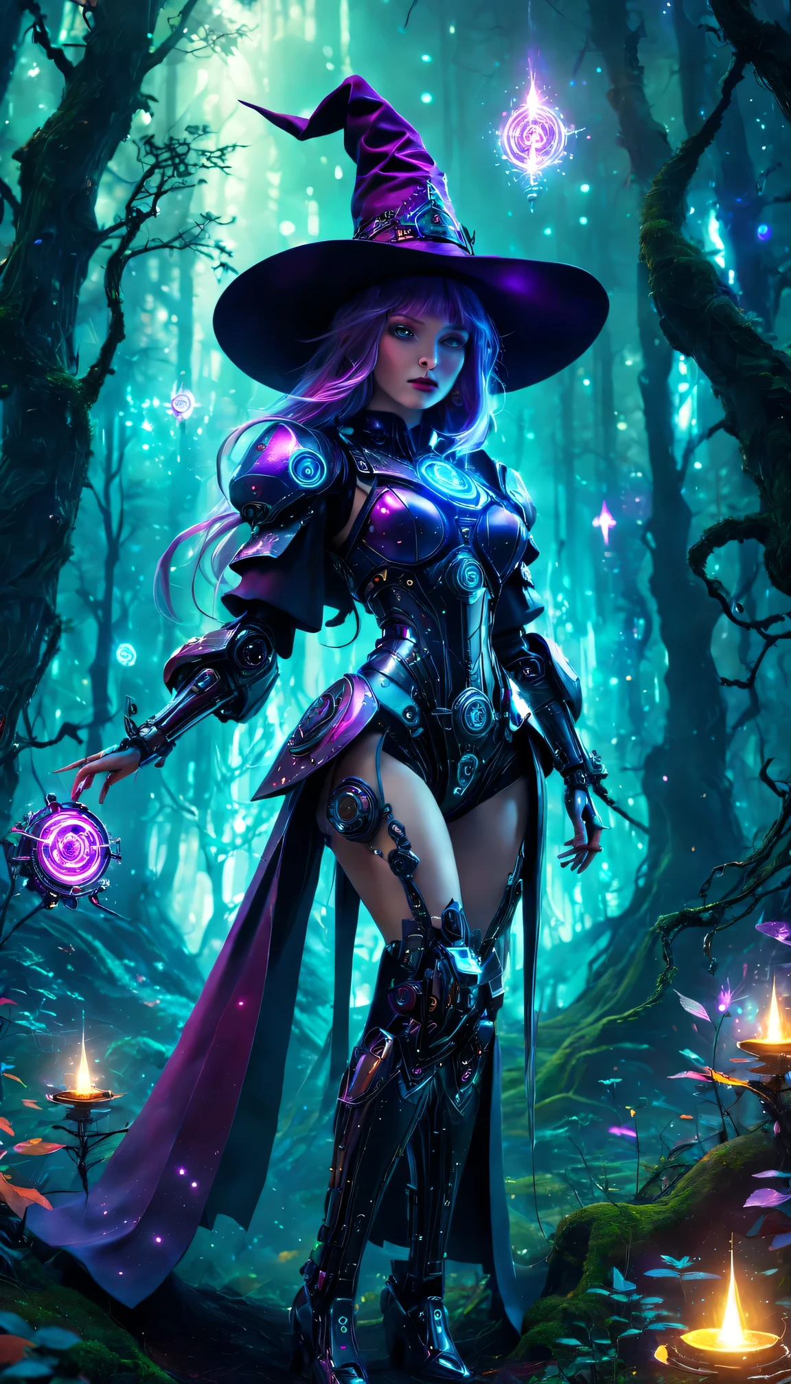 Futuristic robot witch in the enchanted forest、witch hat、cybernetic enhancement、Mechanical edge structure、Create a mysterious and charming atmosphere,Glittering symbols and runes、shimmering particles、sparkling mist、strong color palette(best quality,4K,masterpiece:1.2)、Vivid and saturated colors、Soft ambient lighting