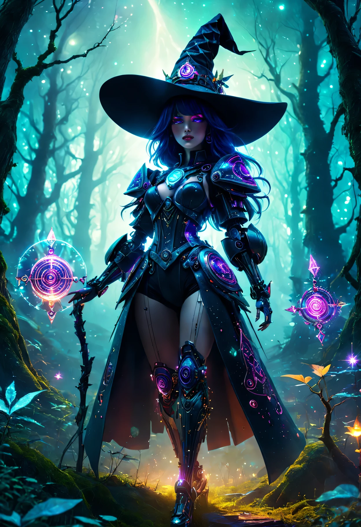 sexy full shot body photo of the most beautiful artwork in the world, illustration, cinematic light, fantasy, highres, highest quallity, ultra detailed,  best quality, masterpiece, (detailed face), sexy mature woman wears a shirt and (torn) fullbody (transparent galaxy) cloths coat, floating cloth, choker, glowing (elder underworld fantasy) forest plants with neon details, open shoulders, tiny glowing butterfly, hair jewery, wearing a torn witch hat, (focus on body:1.25), night, small mutated animals in background, torn mini skirt ,a potion on hip, shoulder pads emitting magic energy, cameltoe, dark, light reflection