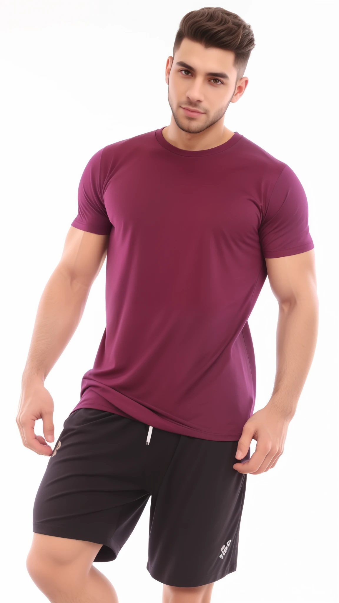 homem arafiado com camisa marrom e short preto posando para uma foto, sport camiseta, red camiseta, manga curta, Trem com quilombola, violet coloured camiseta, Camiseta vermelha, roupas esportivas, roupas esportivas, wearing a camiseta, camiseta, camisa de malha, camiseta, vestindo camiseta roxa, vermelho marrom, Camisa Magenta