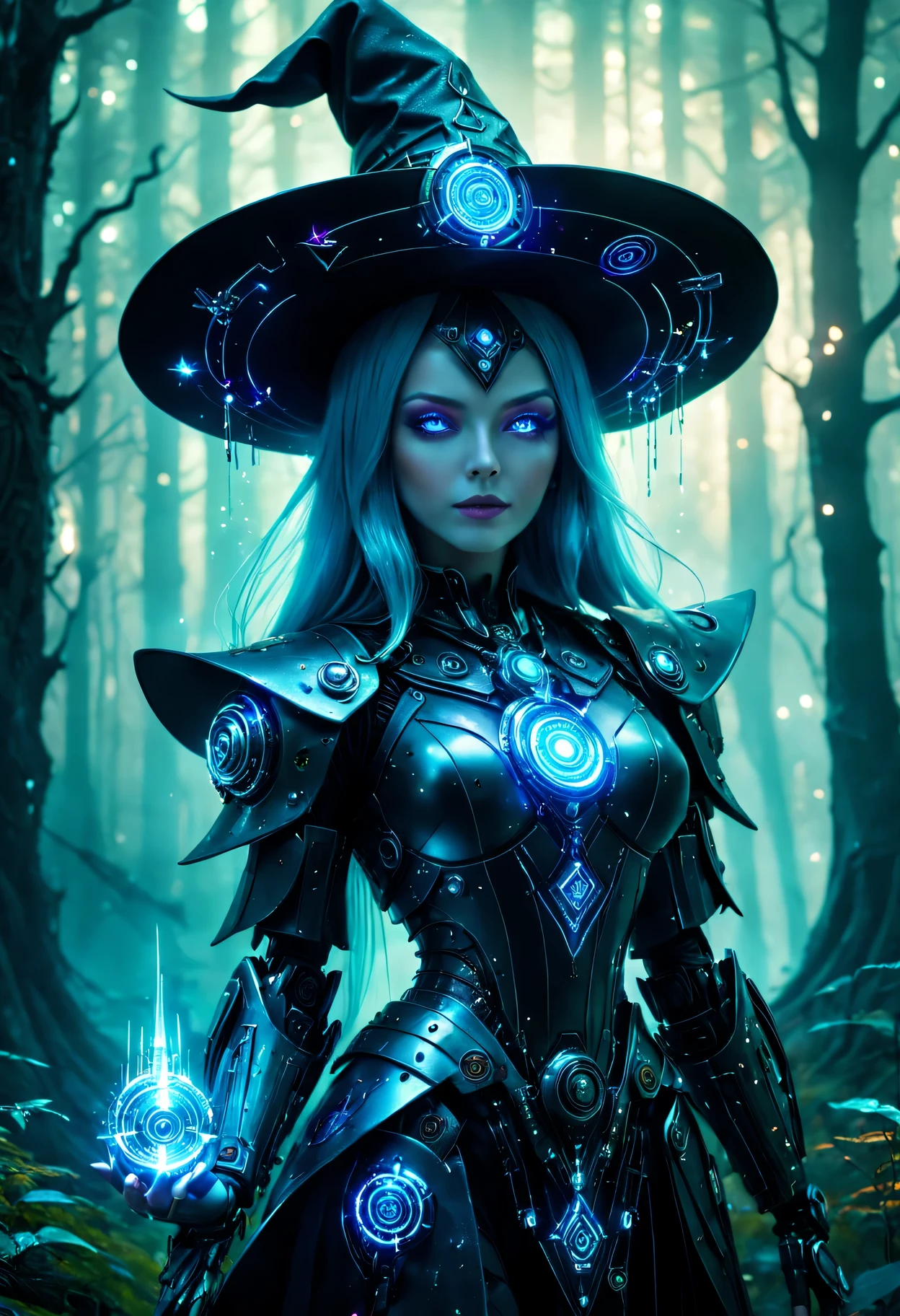 Futuristic robot witch in the enchanted forest、witch hat、cybernetic enhancement、Mechanical edge structure、Create a mysterious and charming atmosphere,Glittering symbols and runes、shimmering particles、sparkling mist、strong color palette(best quality,4K,masterpiece:1.2)、Vivid and saturated colors、Soft ambient lighting