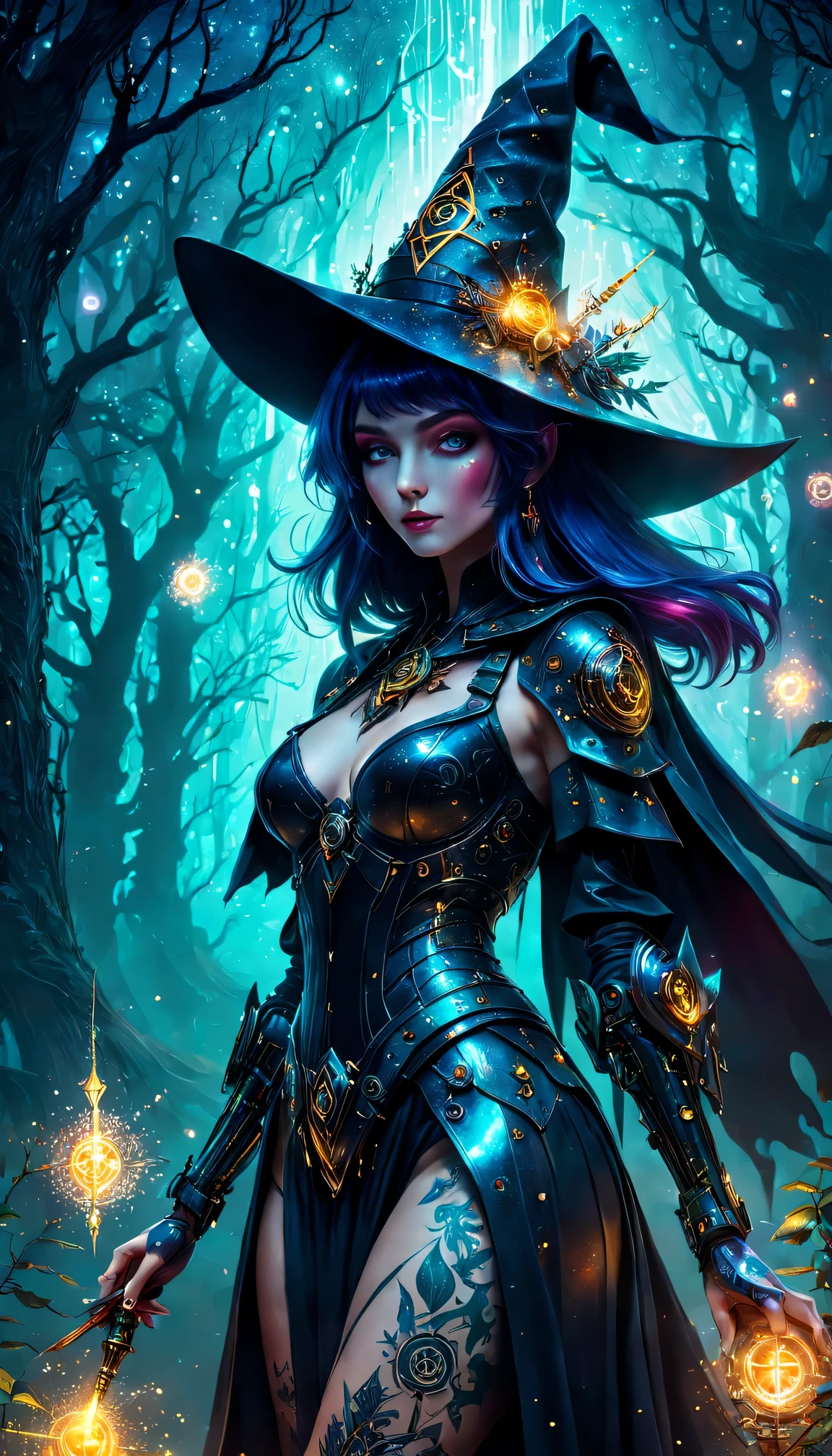 in the enchanted forest、futuristic、Robot Witch、witch hat、wearing a veil、cybernetic enhancement、Mechanical edge structure、Create a mysterious and charming atmosphere，Glittering tattoos with symbols and runes、shiny magic wand、shimmering particles、sparkling mist、strong color palette（best quality，4K，masterpiece：1.2）、Vivid and saturated colors、Soft ambient lighting
