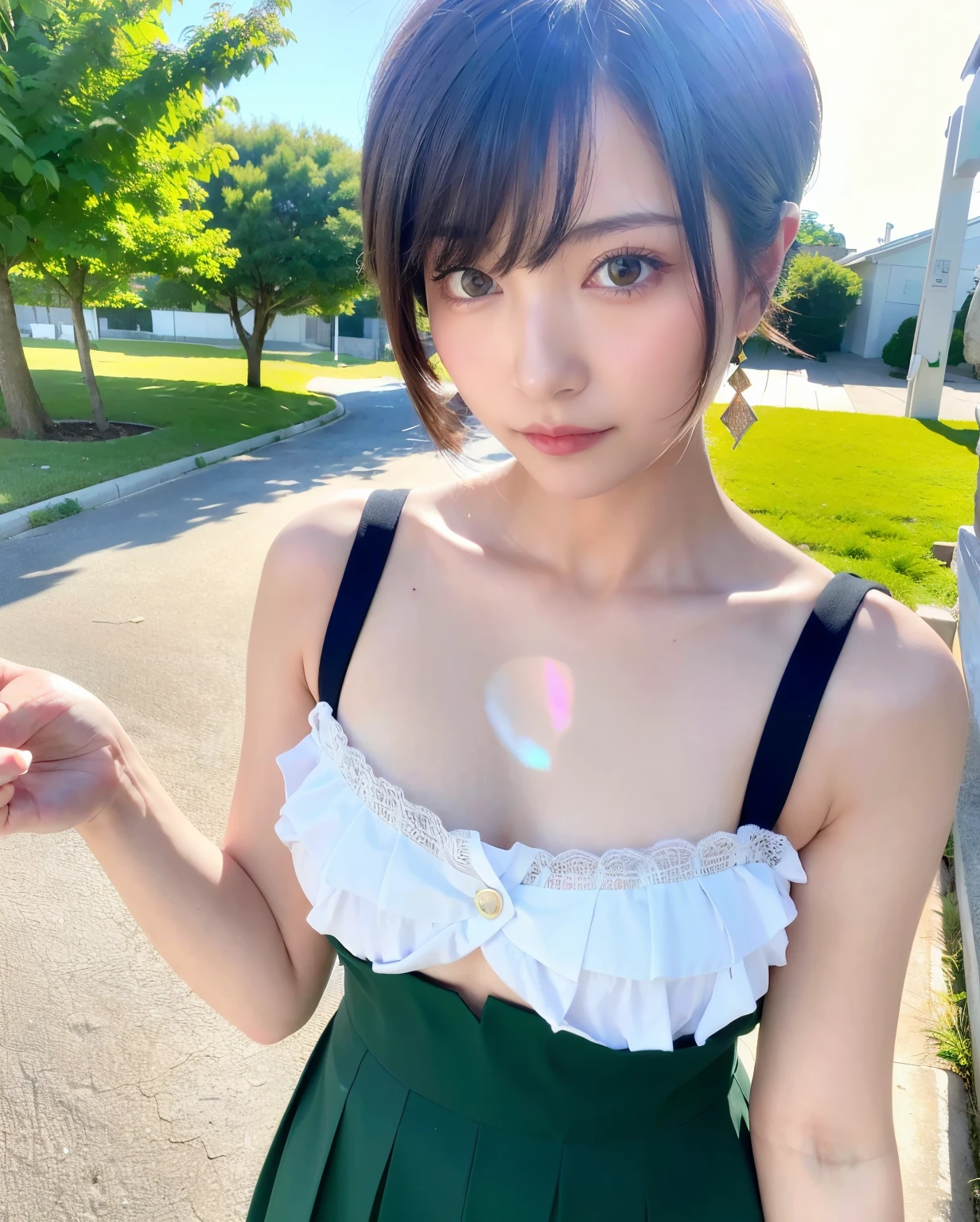 (8K, RAW photo, highest quality, masterpiece:1.3), (realistic, photo-realistic:1.3), 1 girl, (cute:1.3), (small breasts:1.3), (sunlight), (sunlight), shade, (looking at the viewer:1.3), short hair, (earrings), closed mouth, Ulchan-6500-v1.1:0.5 Green Wool Skirt