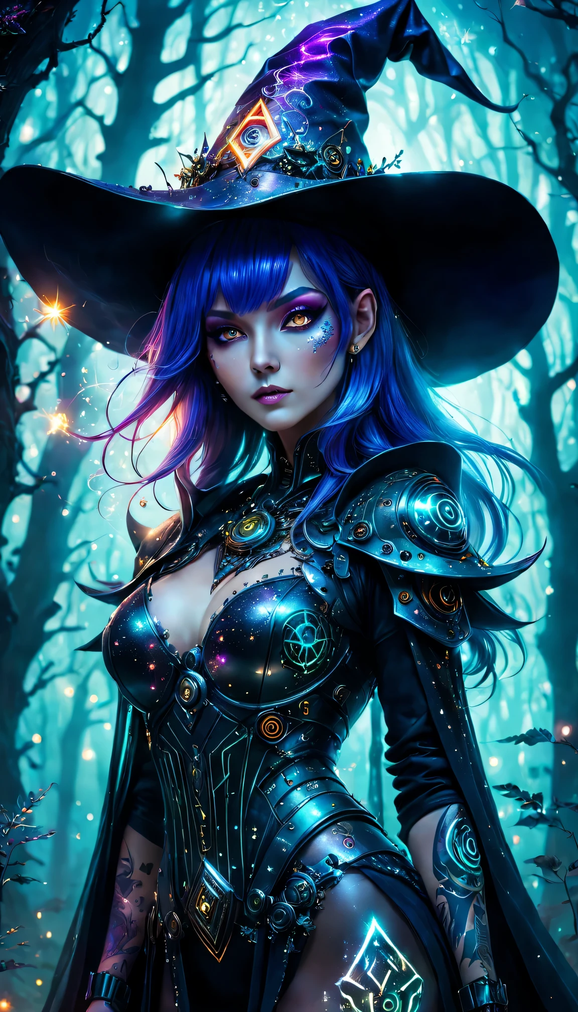 in the enchanted forest、futuristic、Robot Witch、witch hat、wearing a veil、cybernetic enhancement、Mechanical edge structure、Create a mysterious and charming atmosphere,Glittering tattoos with symbols and runes、shiny magic wand、shimmering particles、sparkling mist、strong color palette(best quality,4K,masterpiece:1.2)、Vivid and saturated colors、Soft ambient lighting
