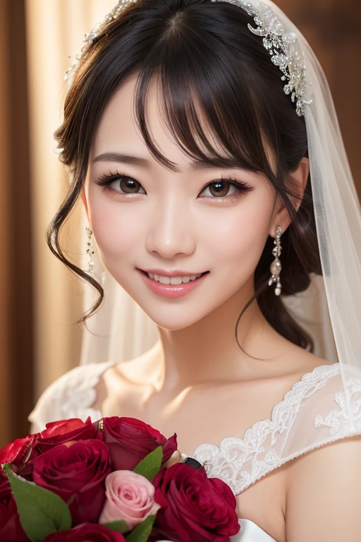 Japanese beauty、(best quality,It&#39;s photorealistic,High resolution),woman,beautiful detailed eyes,beautiful detailed lips,smiling,laughing,cute type,enjoy,Joyful smile,get excited,cozy atmosphere,,magic moment,sparkling,Wedding dress,,love and laughter、looking at the camera、Delicate system、marriage、marriage式、happy look