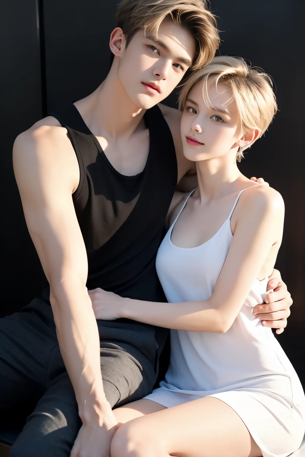Heterosexual good looking boy and girl couple, young masculine male with short blonde hair wearing a black tank top, holding hands with a sexy young lady with beautiful long hair wearing a white dress, young lady sitting on good looking boy's thighs and hugging, loving couple, in sweet love.