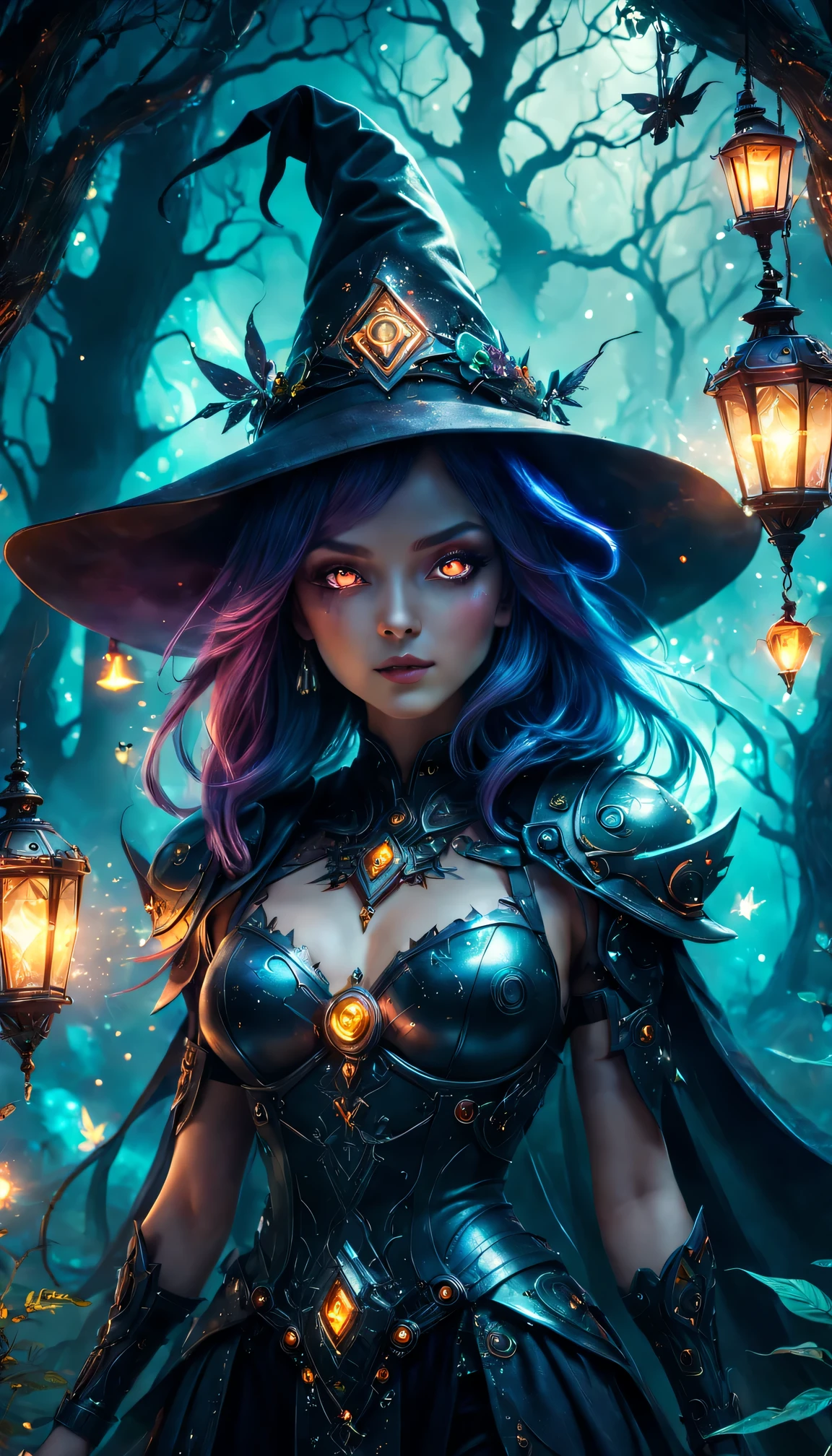 in the enchanted forest、futuristic、Robot Witch、witch hat、wearing a veil、glowing eyes、cybernetic enhancement、Mechanical edge structure、Magic wand、Tattoos with symbols and runes、smokes、Create a mysterious and charming atmosphere，shimmering particles、Shiny fairy lights、sparkling mist、strong color palette（best quality，4K，masterpiece：1.2）、Vivid and saturated colors、Soft ambient lighting