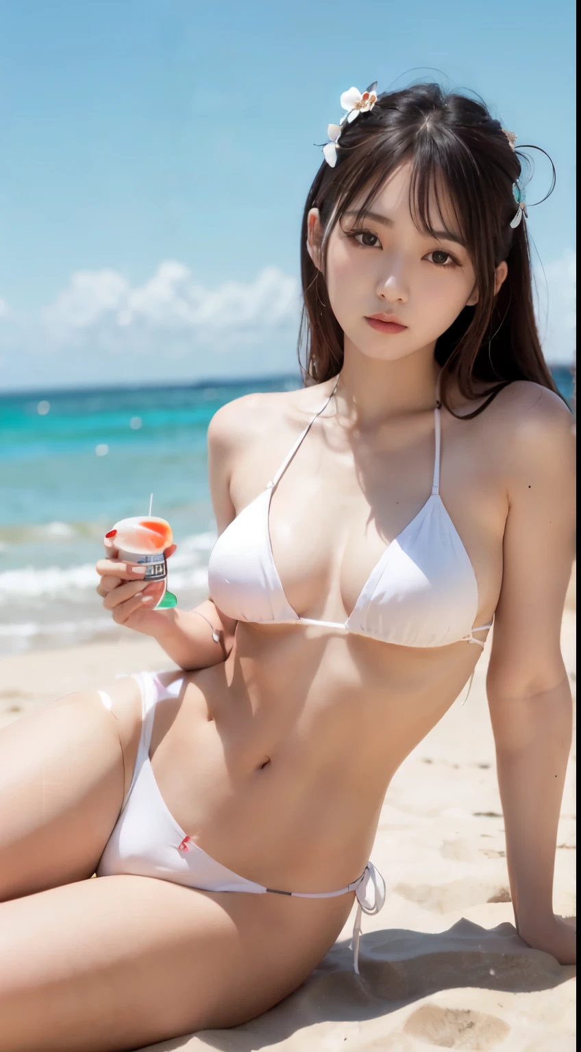 blended Korean-Thai women, with pale skin, beautiful and cute goddess, realistic, showcasing white bikini ,8k, beach background, sun bathing, glassy skin with high definition, photo from professional photoshoot , wide picture