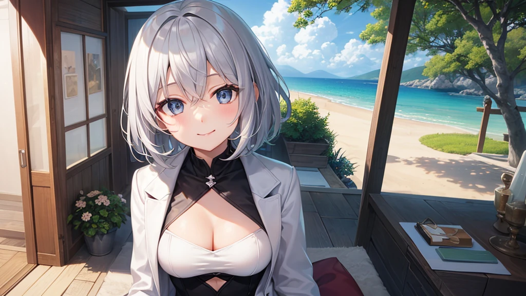 super high quality, girl, 20-year-old, とてもshort hair, long bangs between the eyes, very detailed,(masterpiece、highest quality)、alone、dark gray, silver hair, gray eyes, beautiful eyes,、short hair,blue sky , sunlight,fantastic scenery,smile、I can see your breasts、white coat、black skirt