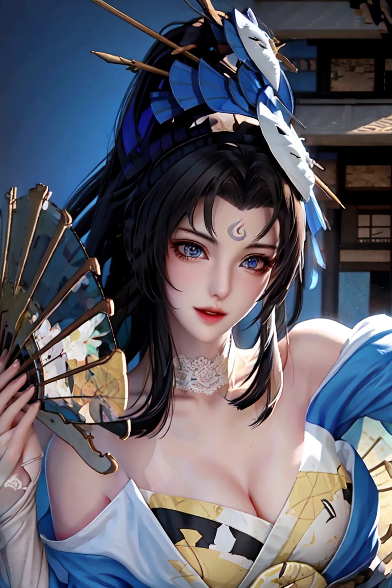 Fire dance,1 girl, alone, black hair, long hair,white stockings, Chair, High heel, ,((Upper body)),Young and beautiful, tall and beautiful, Fair face, Complete functions, tall and beautiful, White skin, Good shape, 4K,CG,
holding a fan, blue theme,Game CG background,3Drender,actual,Cinema lighting,Smooth fog,Detailed face, faint smile, (((Japanese architectural background)))