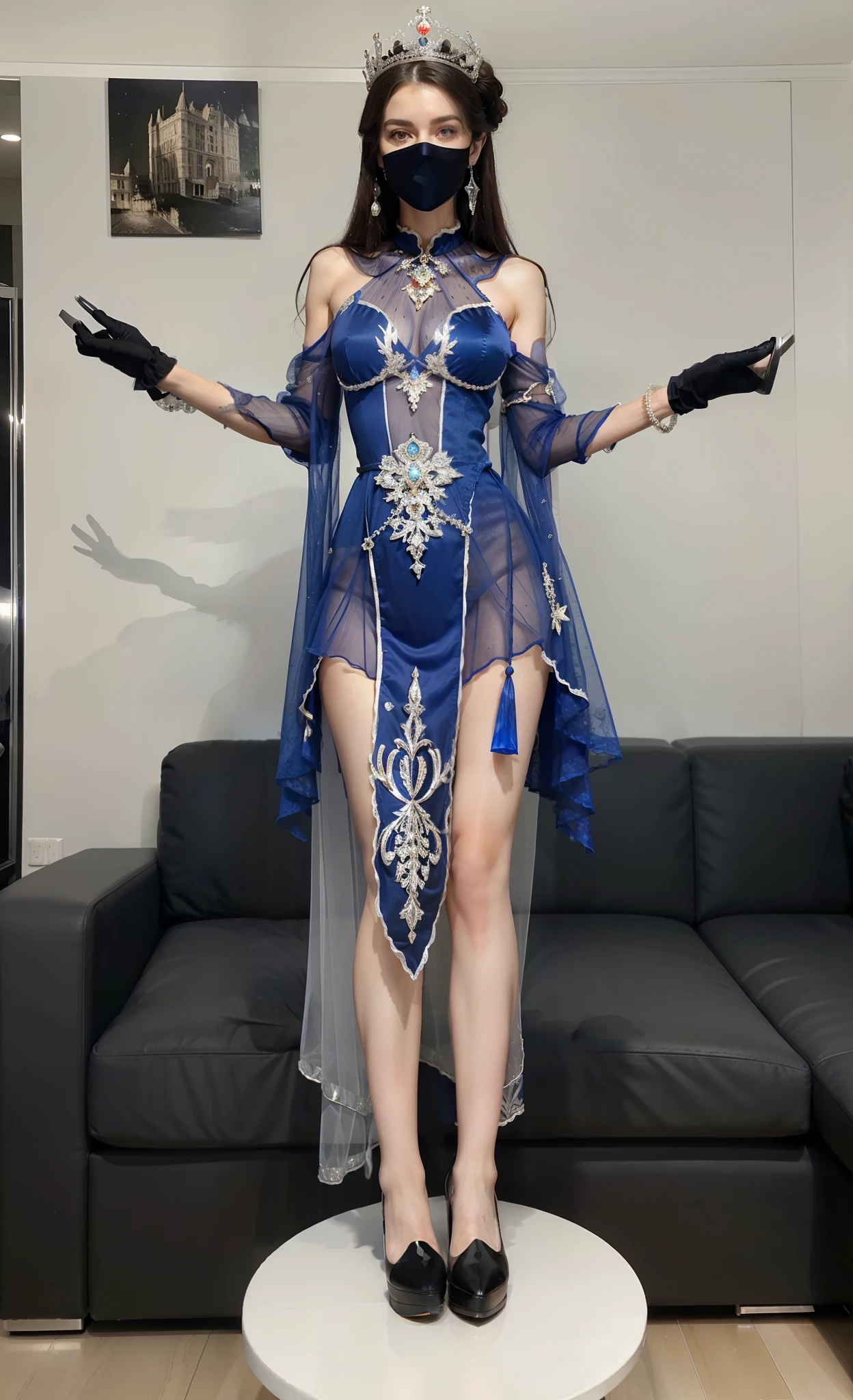 (Full body photo),Fluorescent background,(1 Witch,Flash fluorescence,Hats,Transparent tulle jk,Delicate headgear,ssmile),(paper art,Quilted paper art,geometry),(Lots of colors,Best quality,high detal,tmasterpiece,movie light effect,4K,lightand shade contrast),Blue transparent tulle cheongsam,pigtails,eBlue eyes,Sakura hair and big breasts,long braid,Purple Hair Final Fantasy Thunder Witch Costume