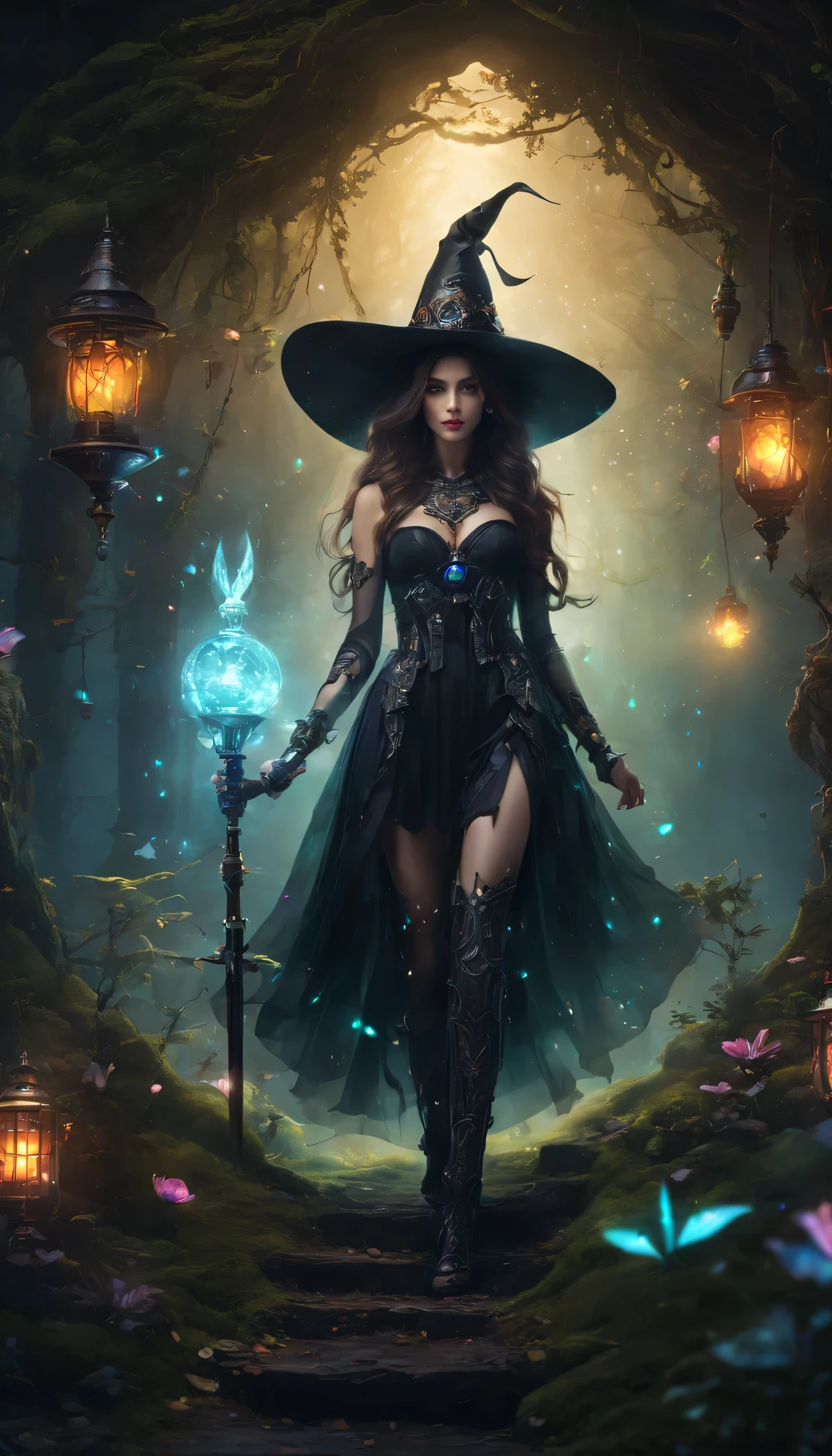 in the enchanted forest、futuristic、Robot Witch、witch hat、wearing a veil、glowing eyes、cybernetic enhancement、Mechanical edge structure、Magic wand、Tattoos with symbols and runes、smokes、Create a mysterious and charming atmosphere，shimmering particles、Shiny fairy lights、sparkling mist、strong color palette（best quality，4K，masterpiece：1.2）、Vivid and saturated colors、Soft ambient lighting