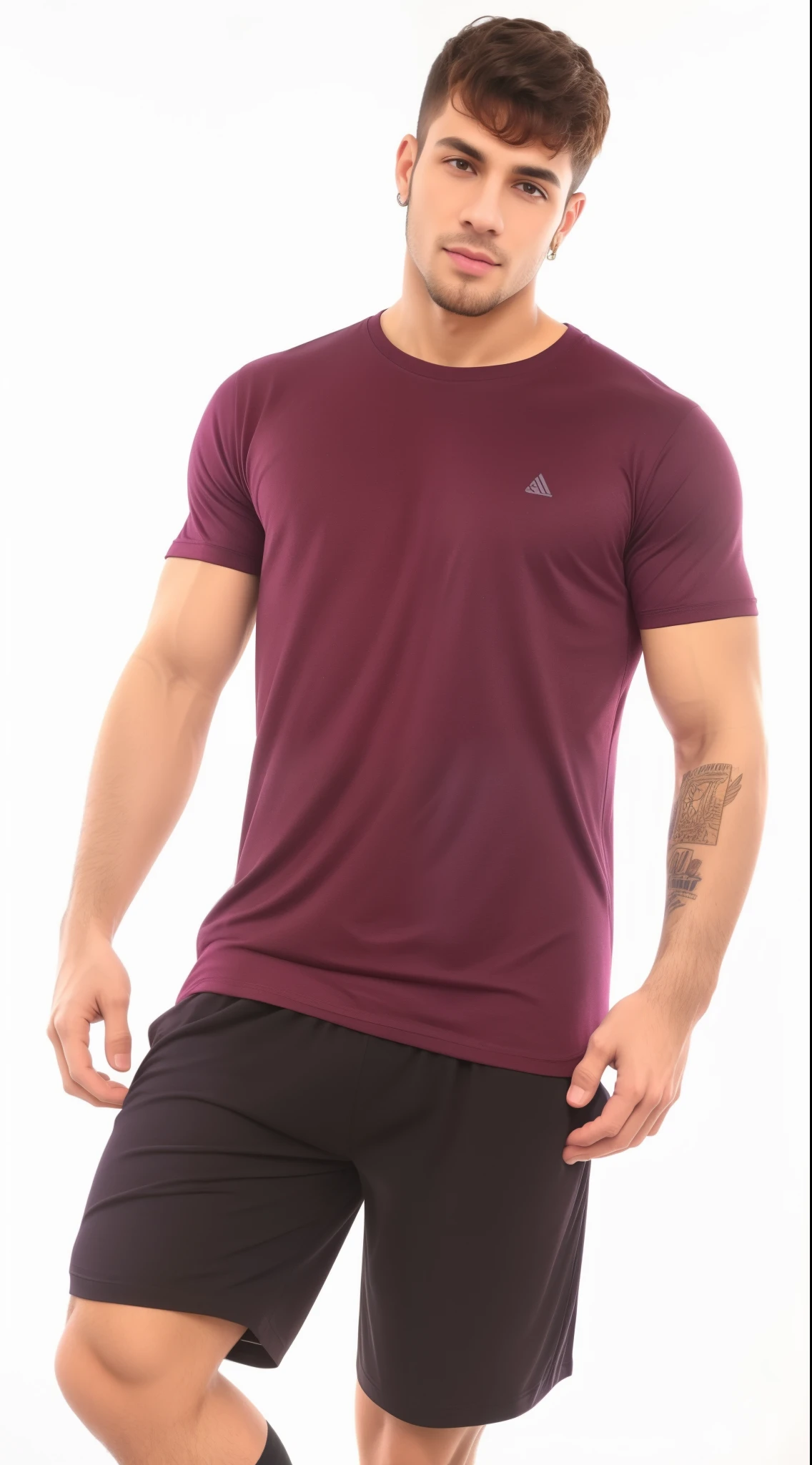 homem arafiado com camisa marrom e short preto posando para uma foto, sport camiseta, red camiseta, manga curta, Trem com quilombola, violet coloured camiseta, Camiseta vermelha, roupas esportivas, roupas esportivas, wearing a camiseta, camiseta, camisa de malha, camiseta, vestindo camiseta roxa, vermelho marrom, Camisa Magenta